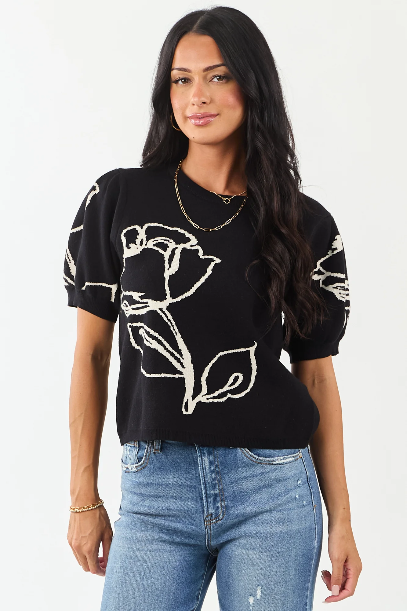 Black Rose Graphic Puff Sleeve Sweater Top