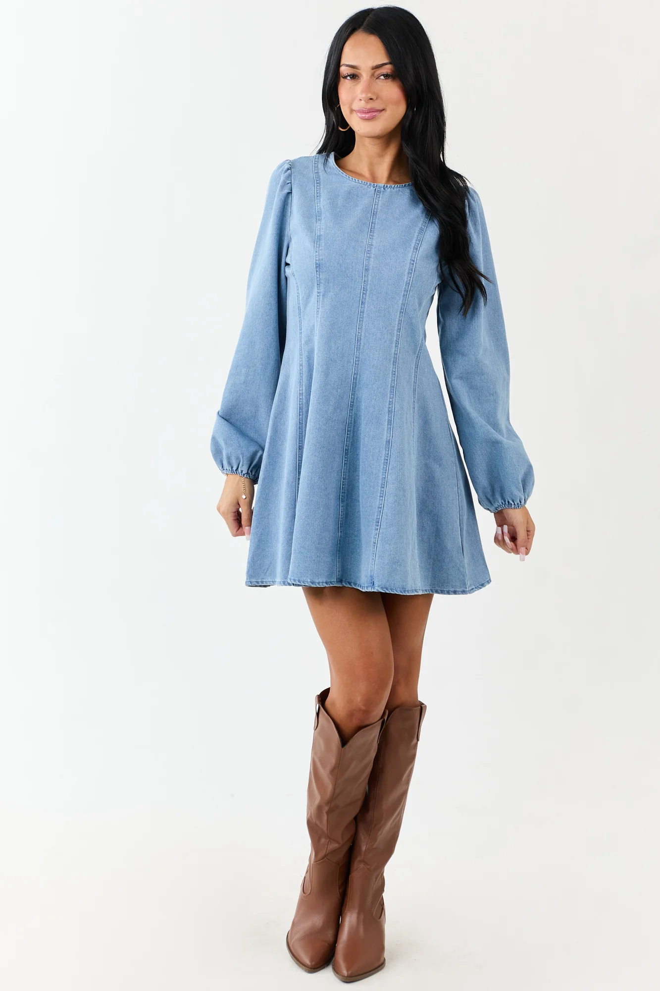 Blue Denim A-Line Mini Dress with Long Sleeves