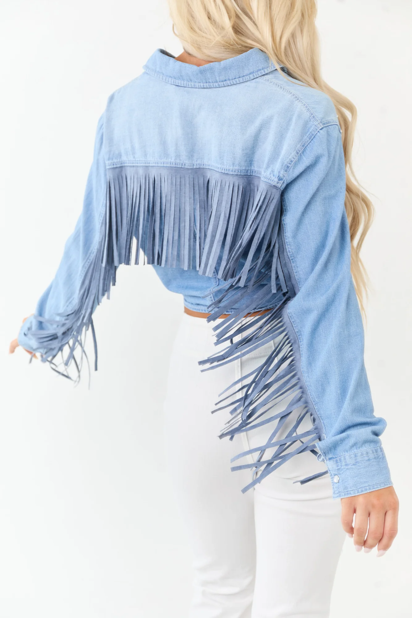 Fringed Denim Tie-Front Western Style Top