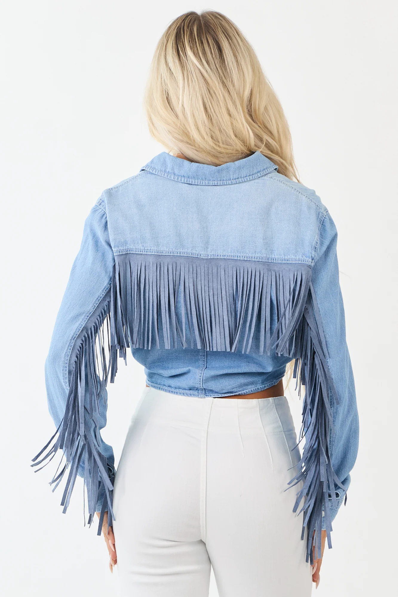 Fringed Denim Tie-Front Western Style Top
