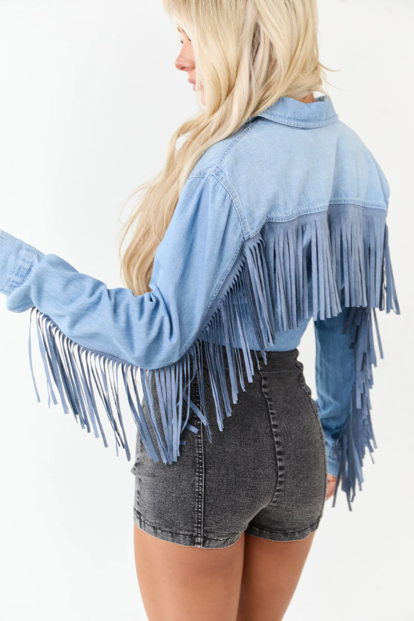 Fringed Denim Tie-Front Western Style Top