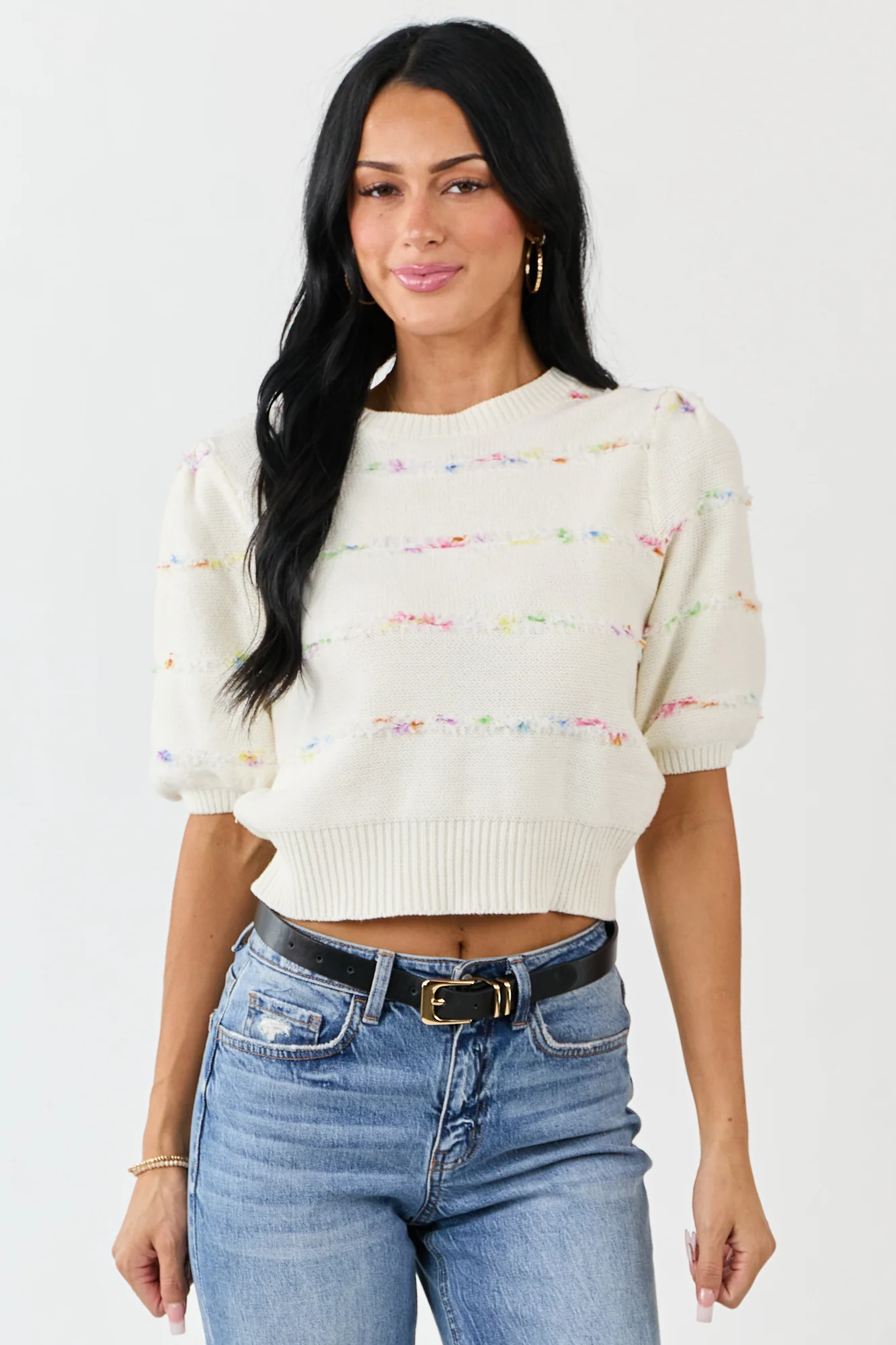 Colorful Stripe Detail Half Sleeve Knit Sweater Top