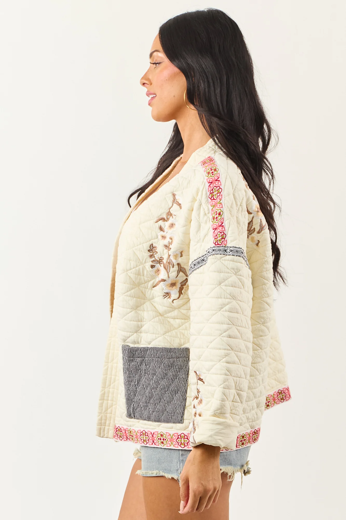 POL Cream Floral Embroidered Open Front Jacket