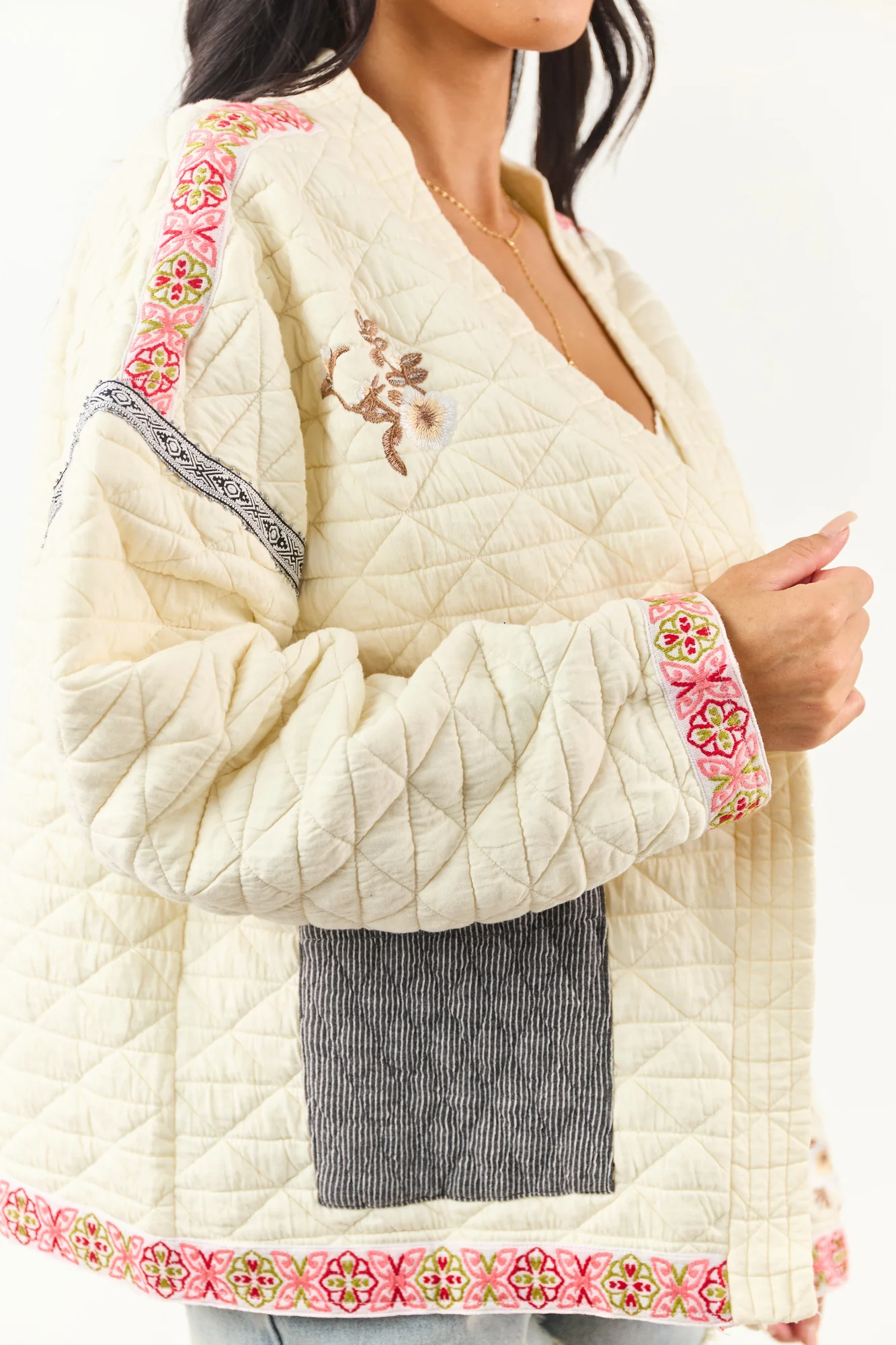 POL Cream Floral Embroidered Open Front Jacket