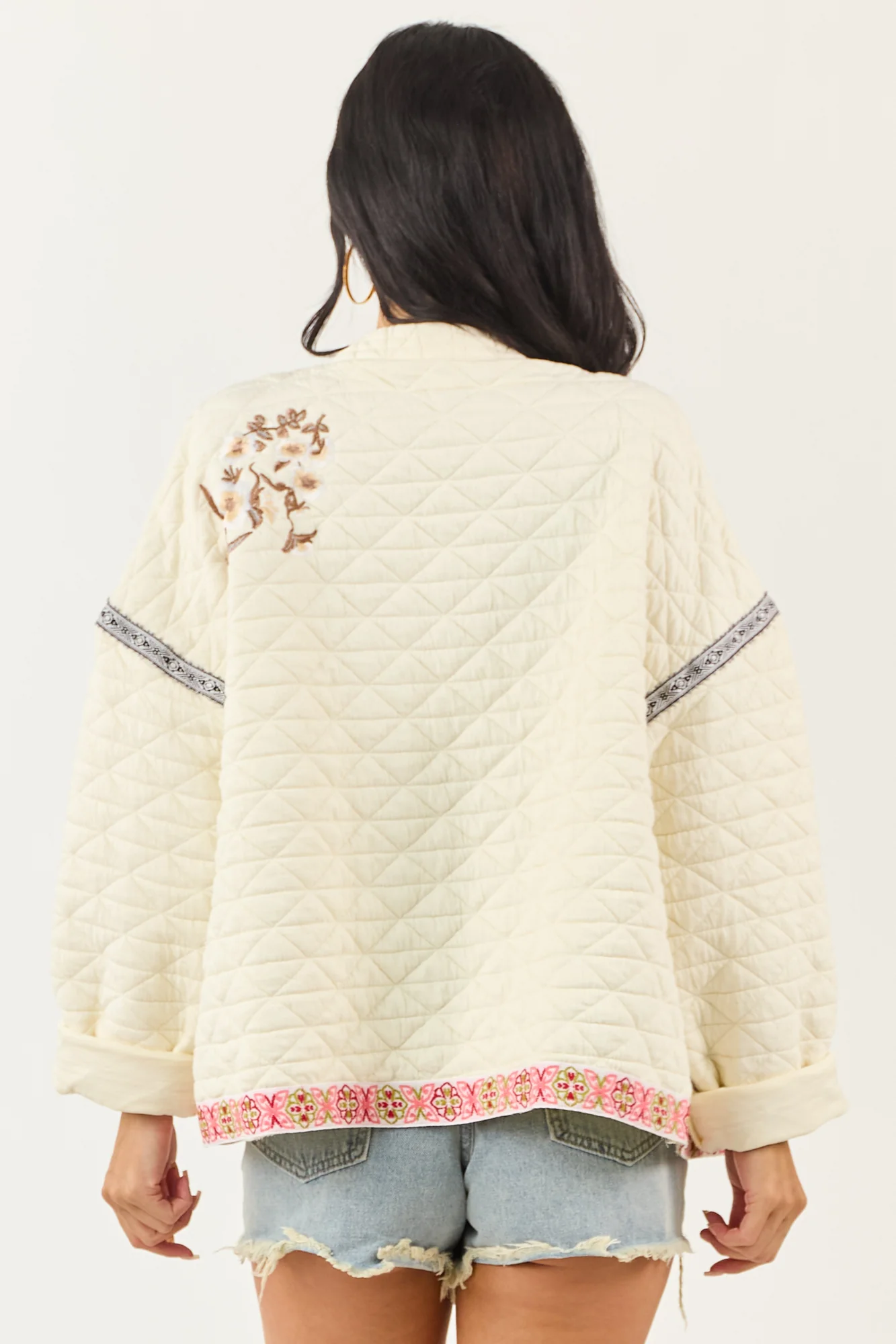 POL Cream Floral Embroidered Open Front Jacket