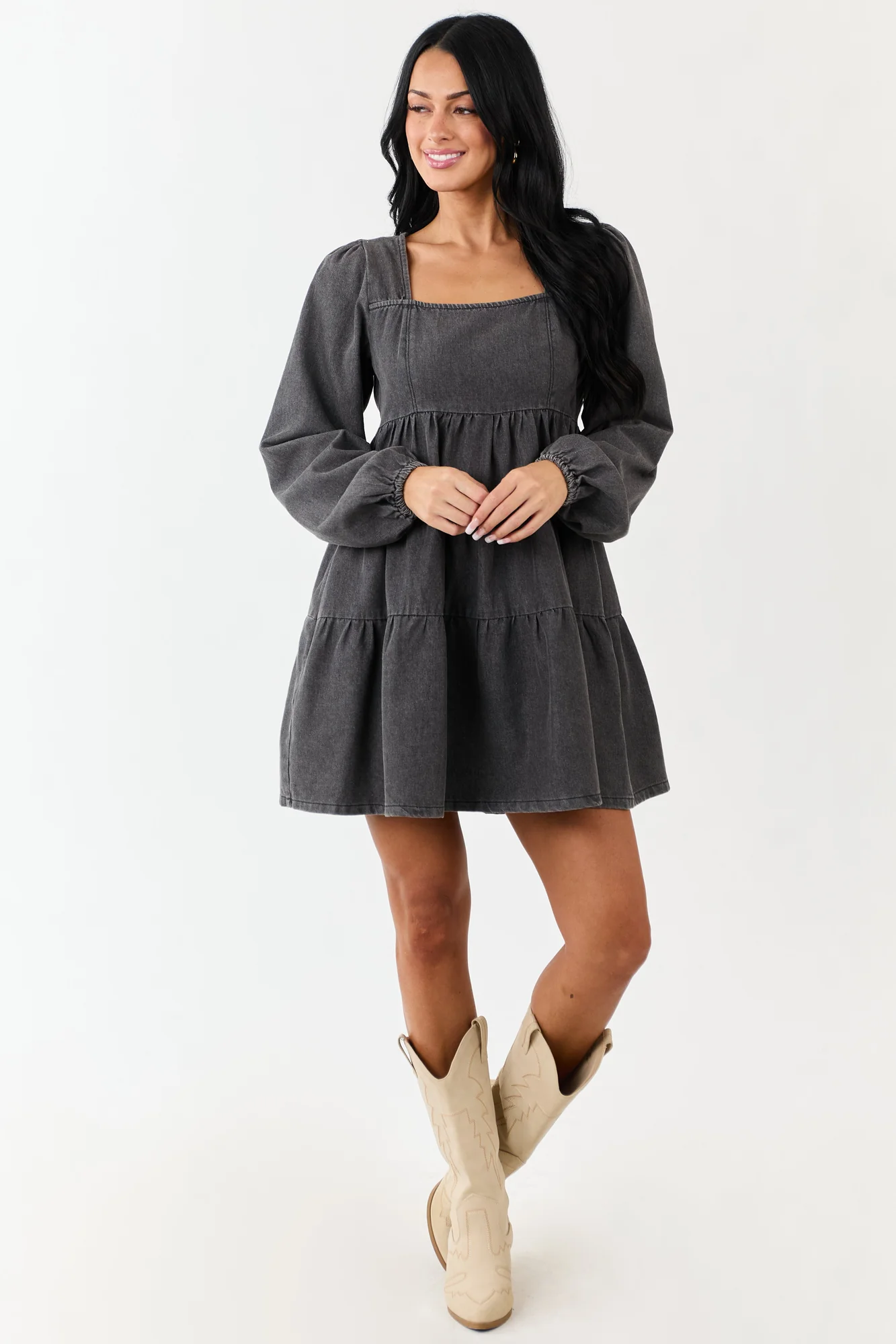 Tiered Denim Mini Dress with Long Puff Sleeves