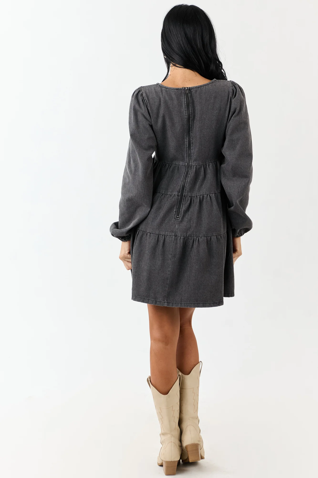 Tiered Denim Mini Dress with Long Puff Sleeves