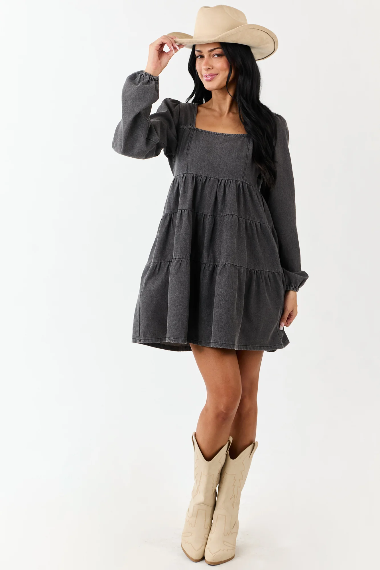 Tiered Denim Mini Dress with Long Puff Sleeves