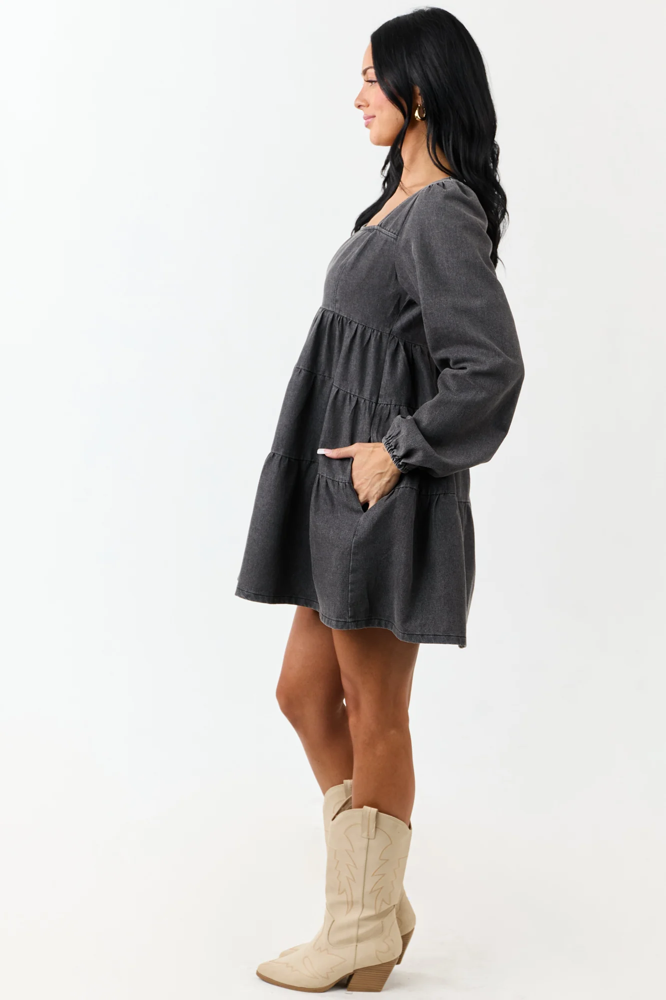Tiered Denim Mini Dress with Long Puff Sleeves