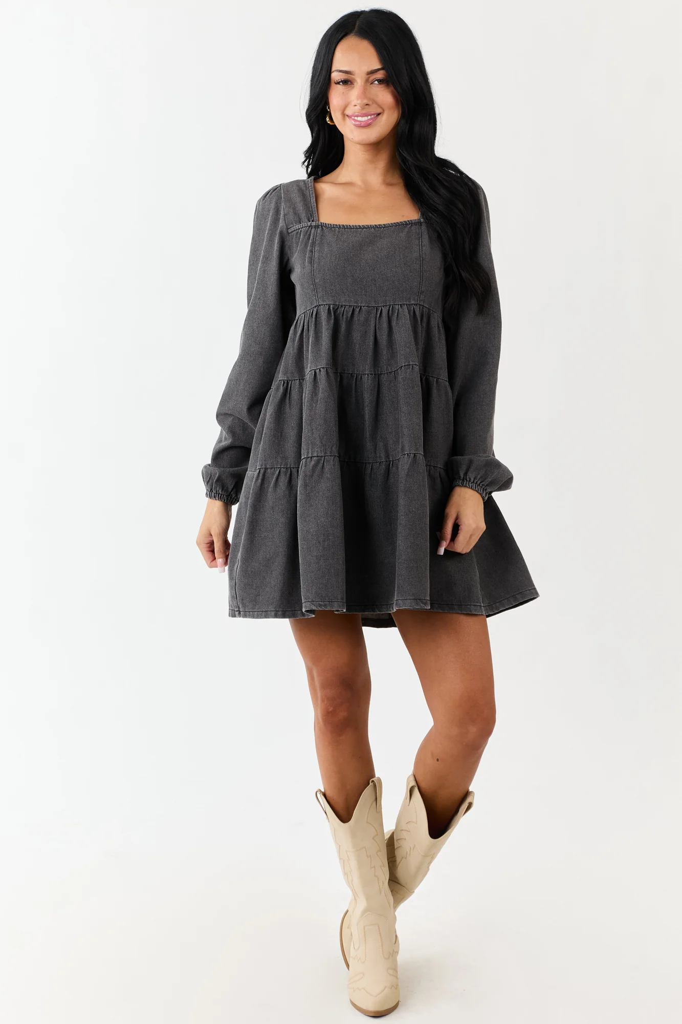 Tiered Denim Mini Dress with Long Puff Sleeves