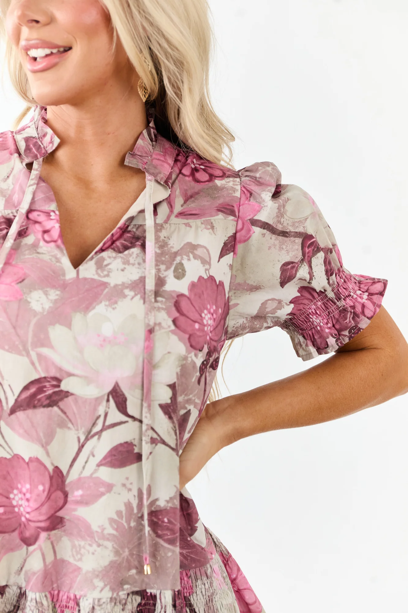 Ivory Floral Smocked Cotton Mini Dress