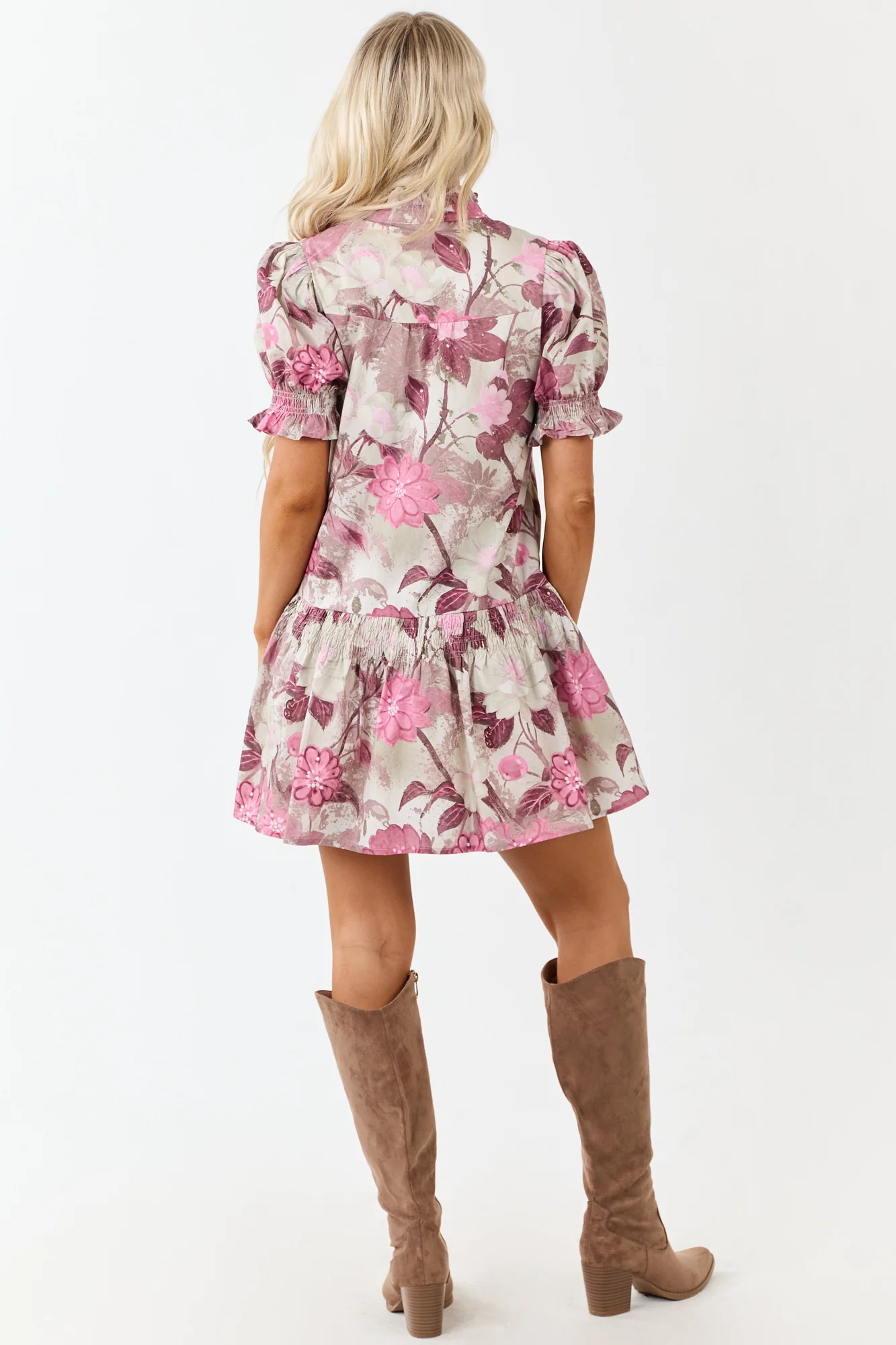 Ivory Floral Smocked Cotton Mini Dress