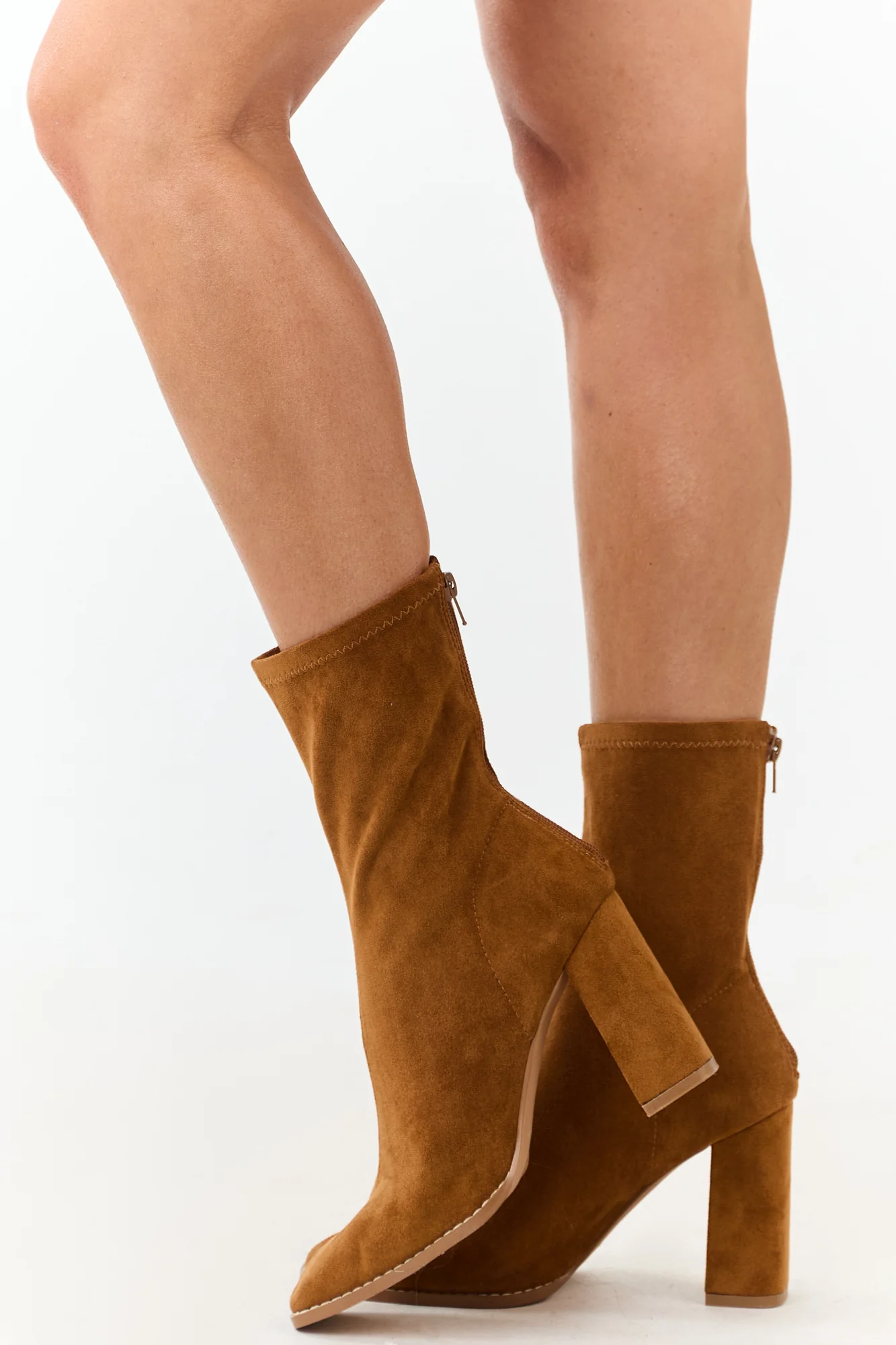 Brown Faux Suede Square Toe Block Heel Boots