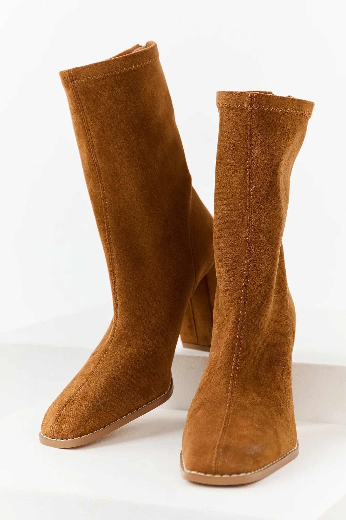 Brown Faux Suede Square Toe Block Heel Boots