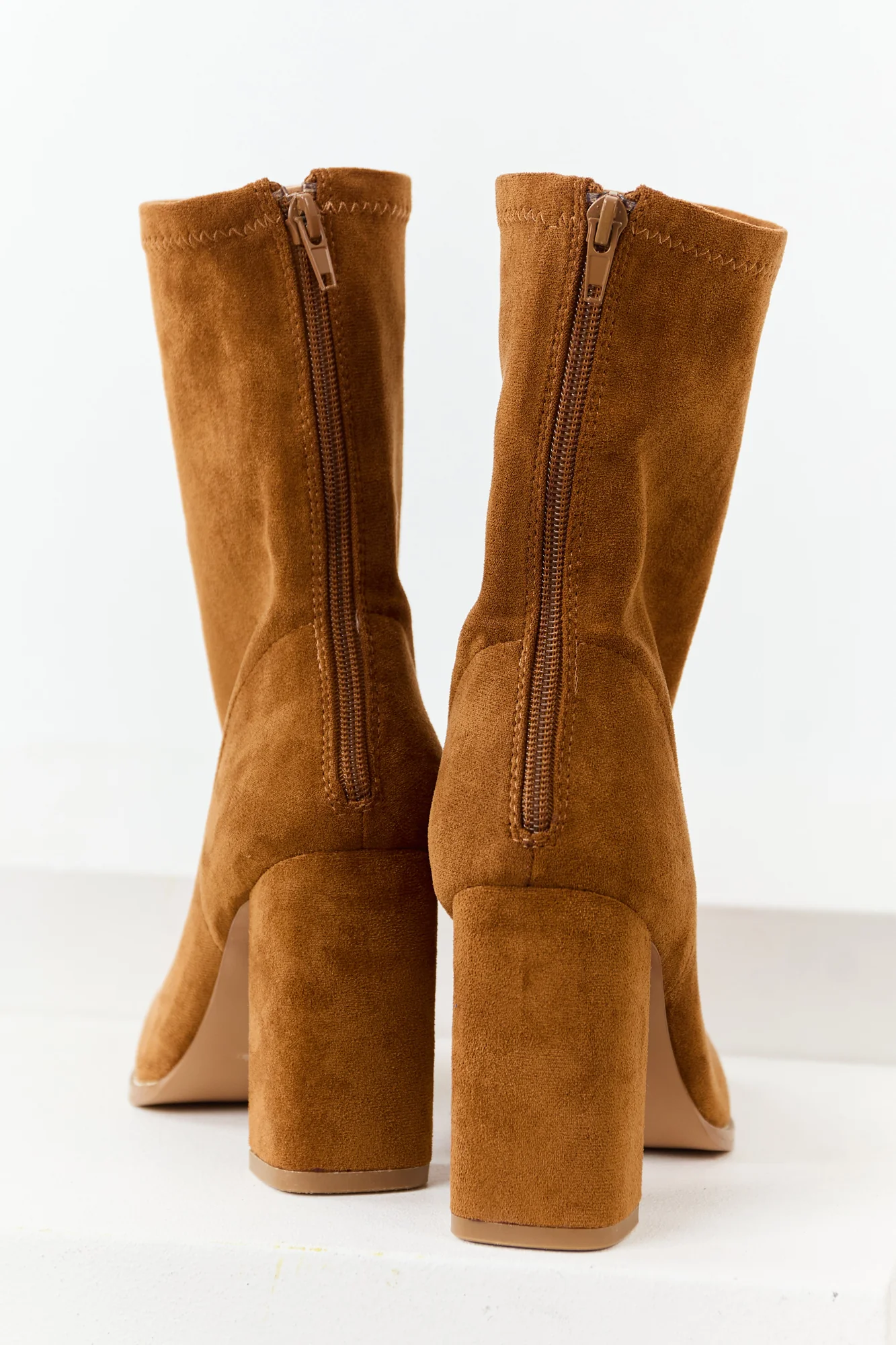 Brown Faux Suede Square Toe Block Heel Boots