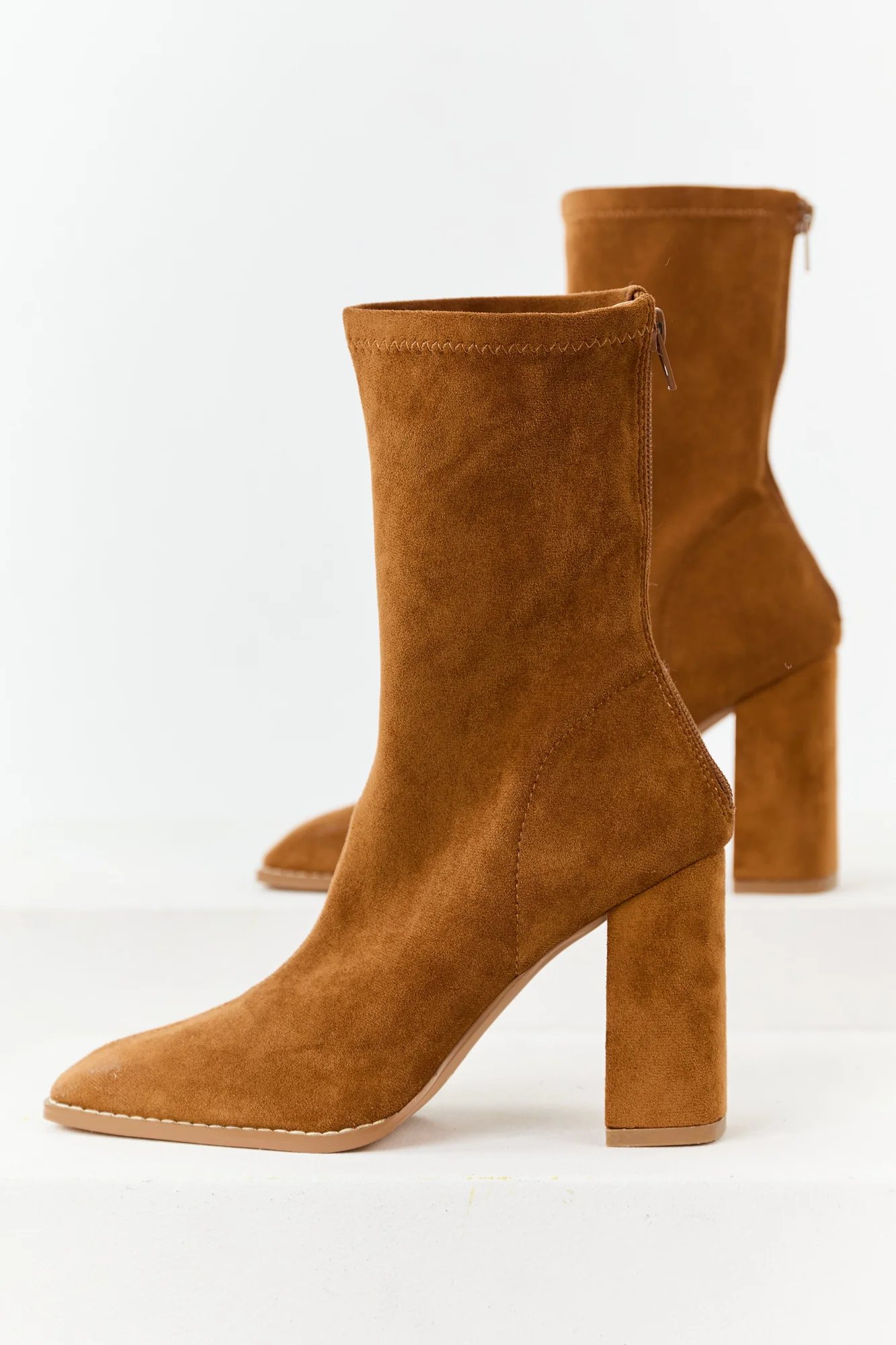 Brown Faux Suede Square Toe Block Heel Boots