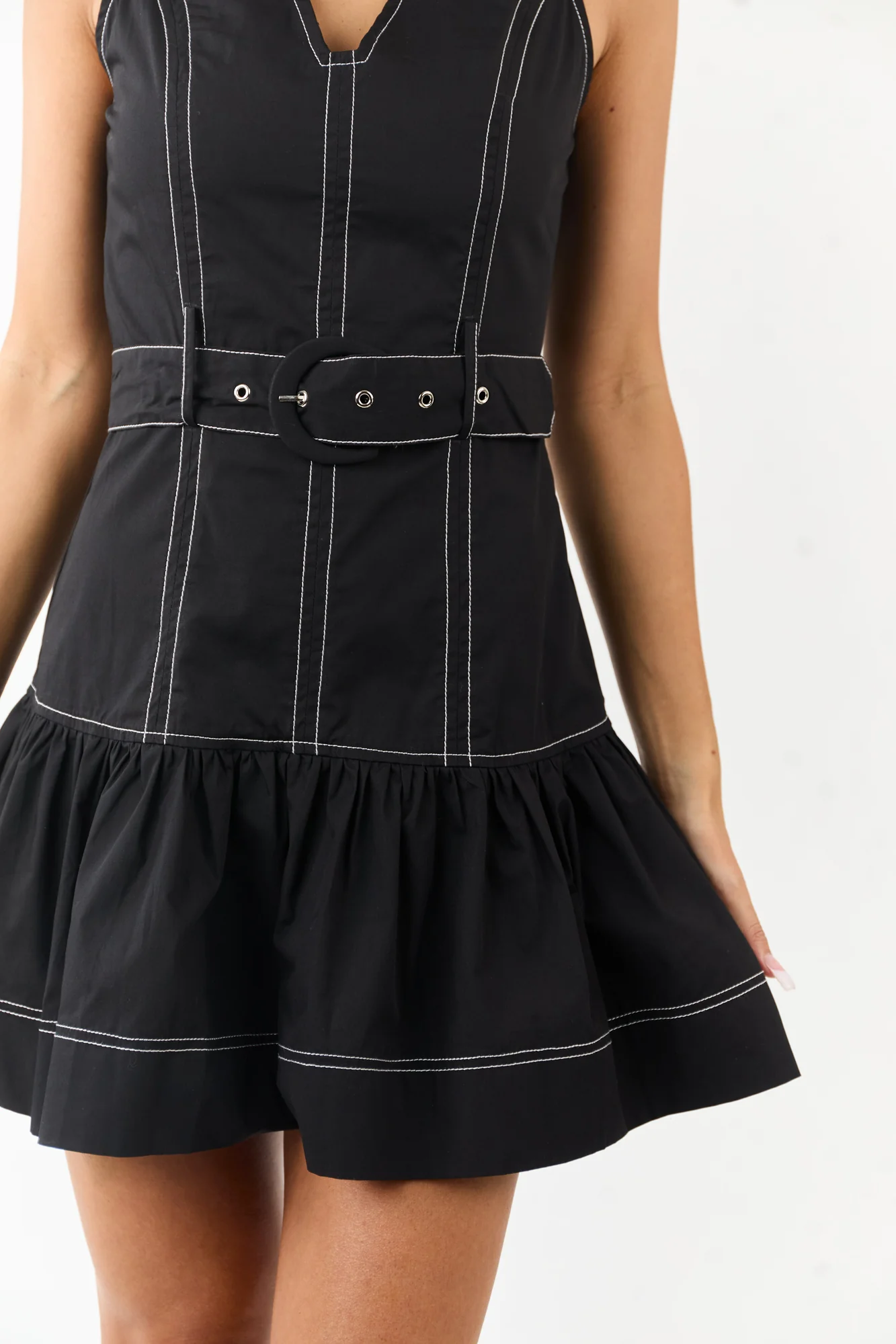 Black Cotton Drop Waist Mini Dress with Matching Belt