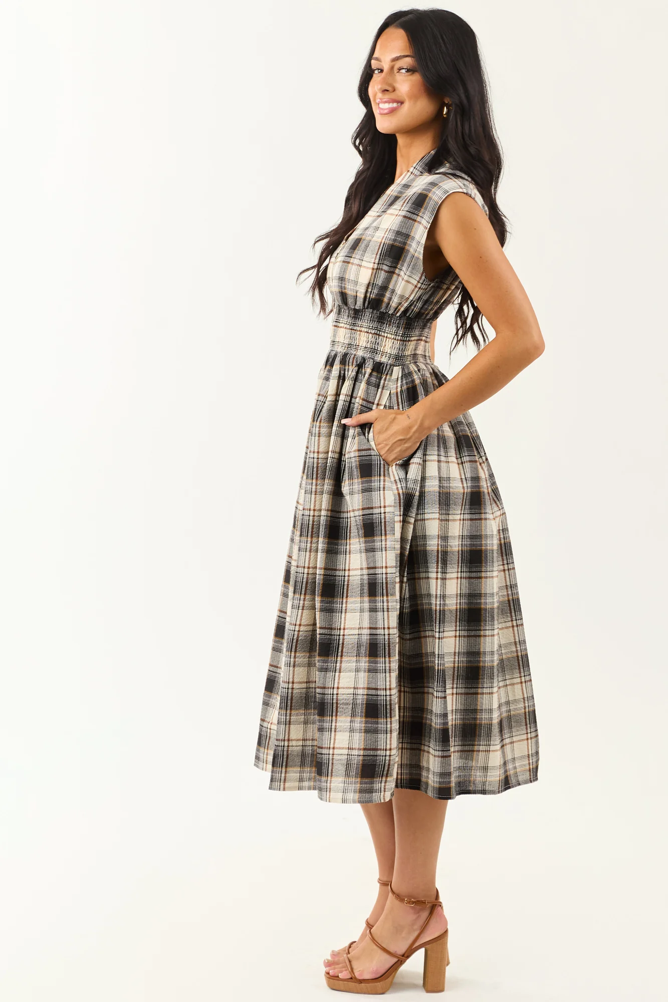 Neutral Plaid Cotton Zipper Front Midi Dress