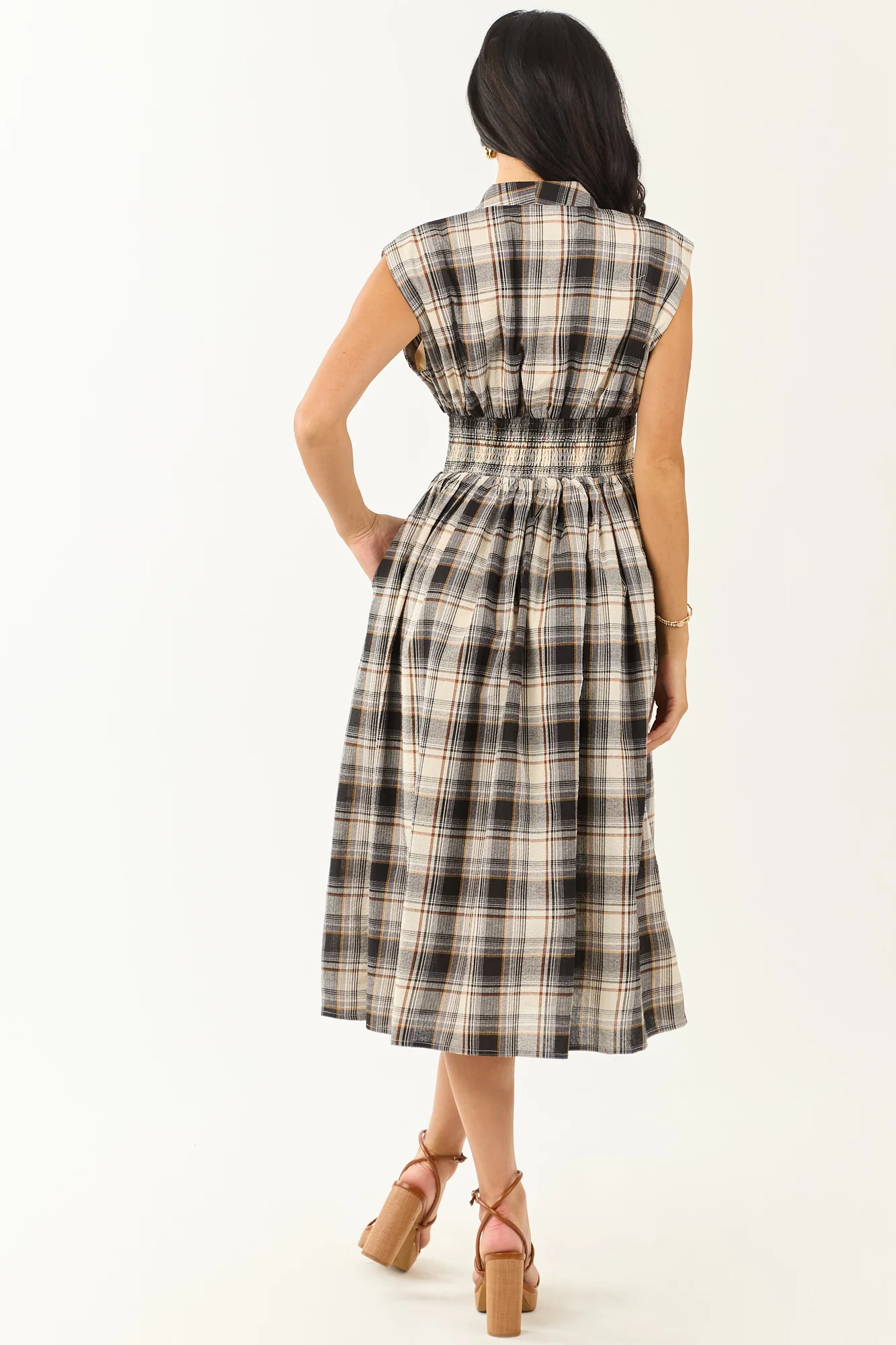 Neutral Plaid Cotton Zipper Front Midi Dress