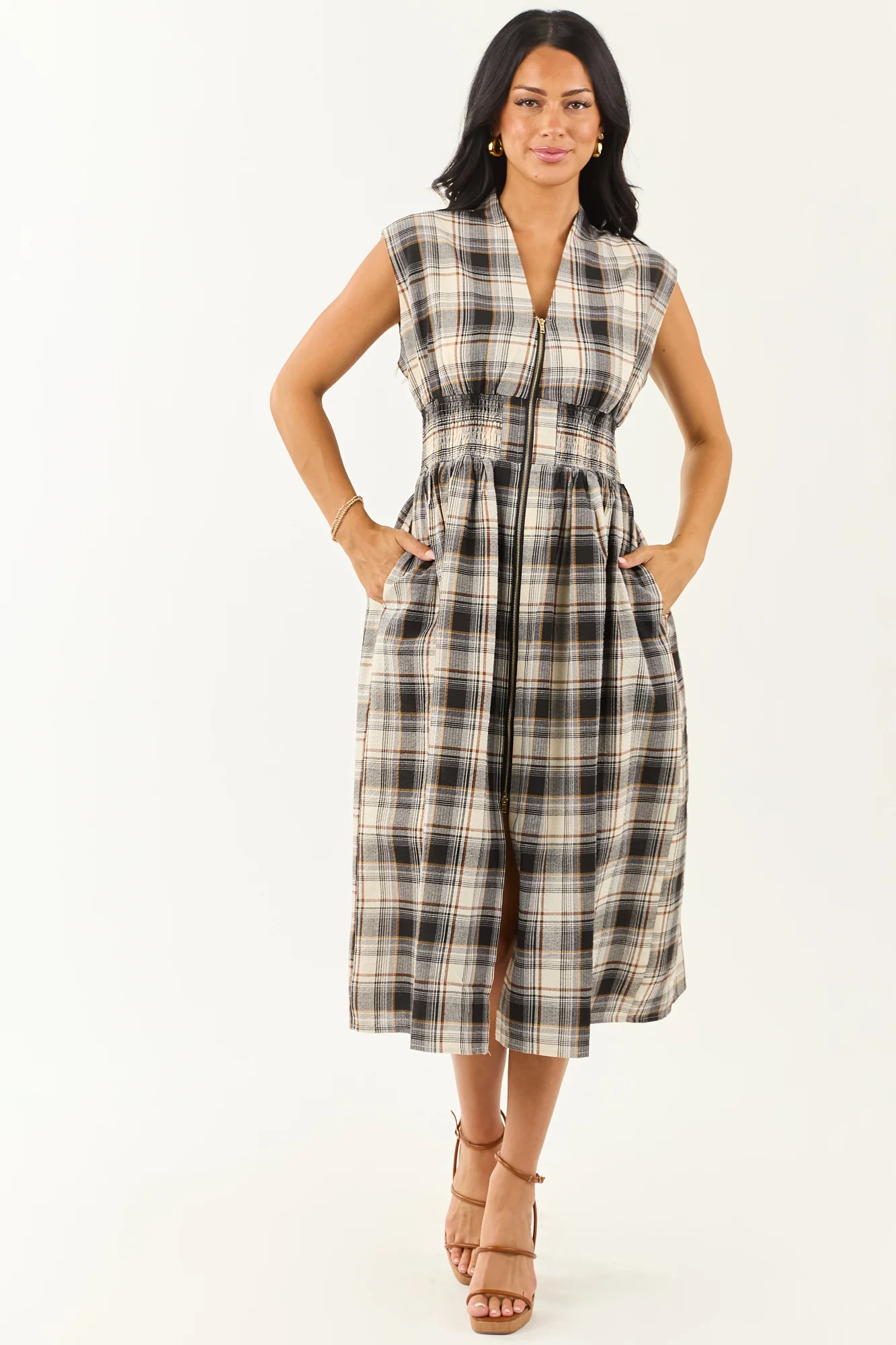 Neutral Plaid Cotton Zipper Front Midi Dress