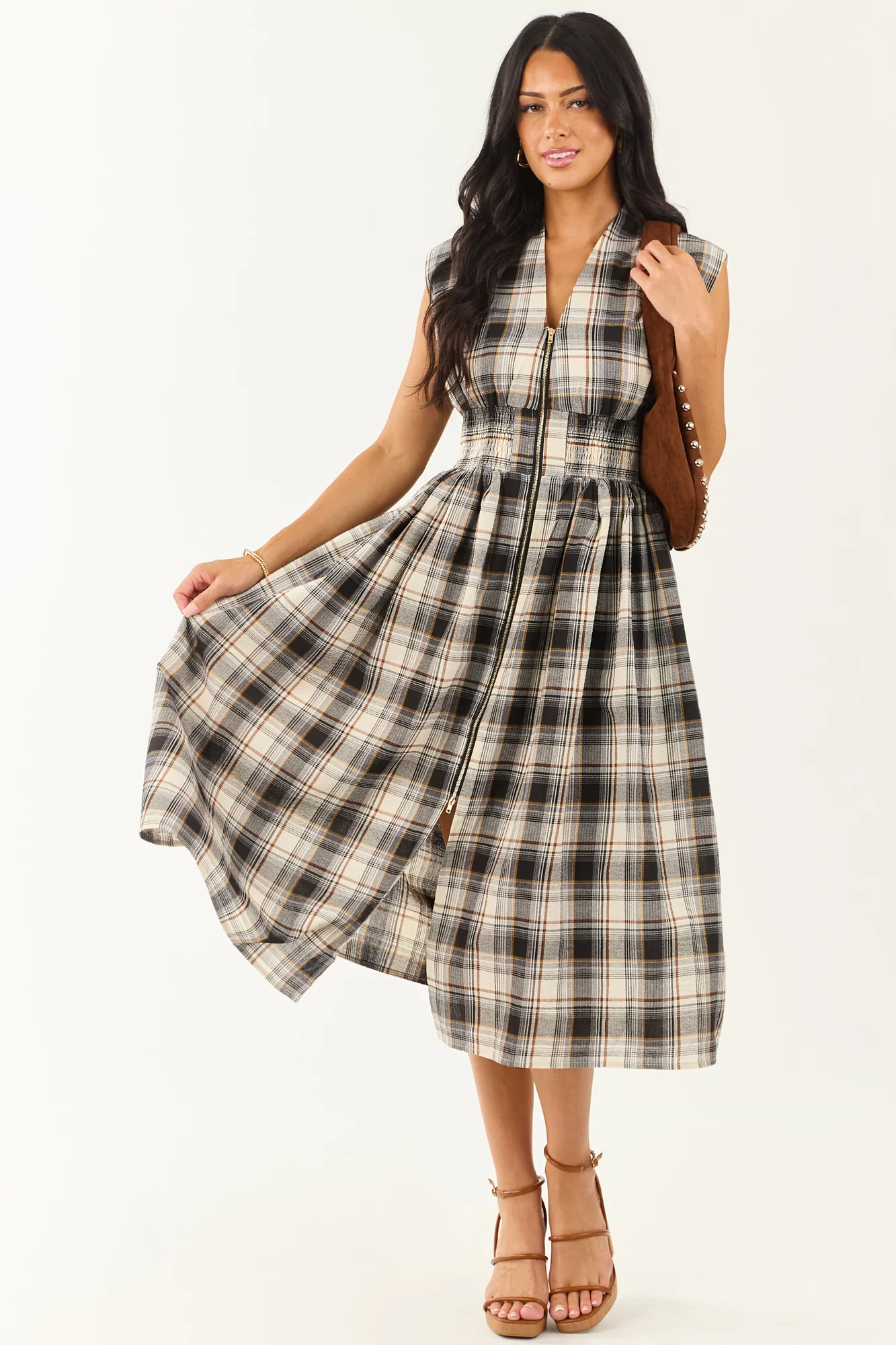 Neutral Plaid Cotton Zipper Front Midi Dress