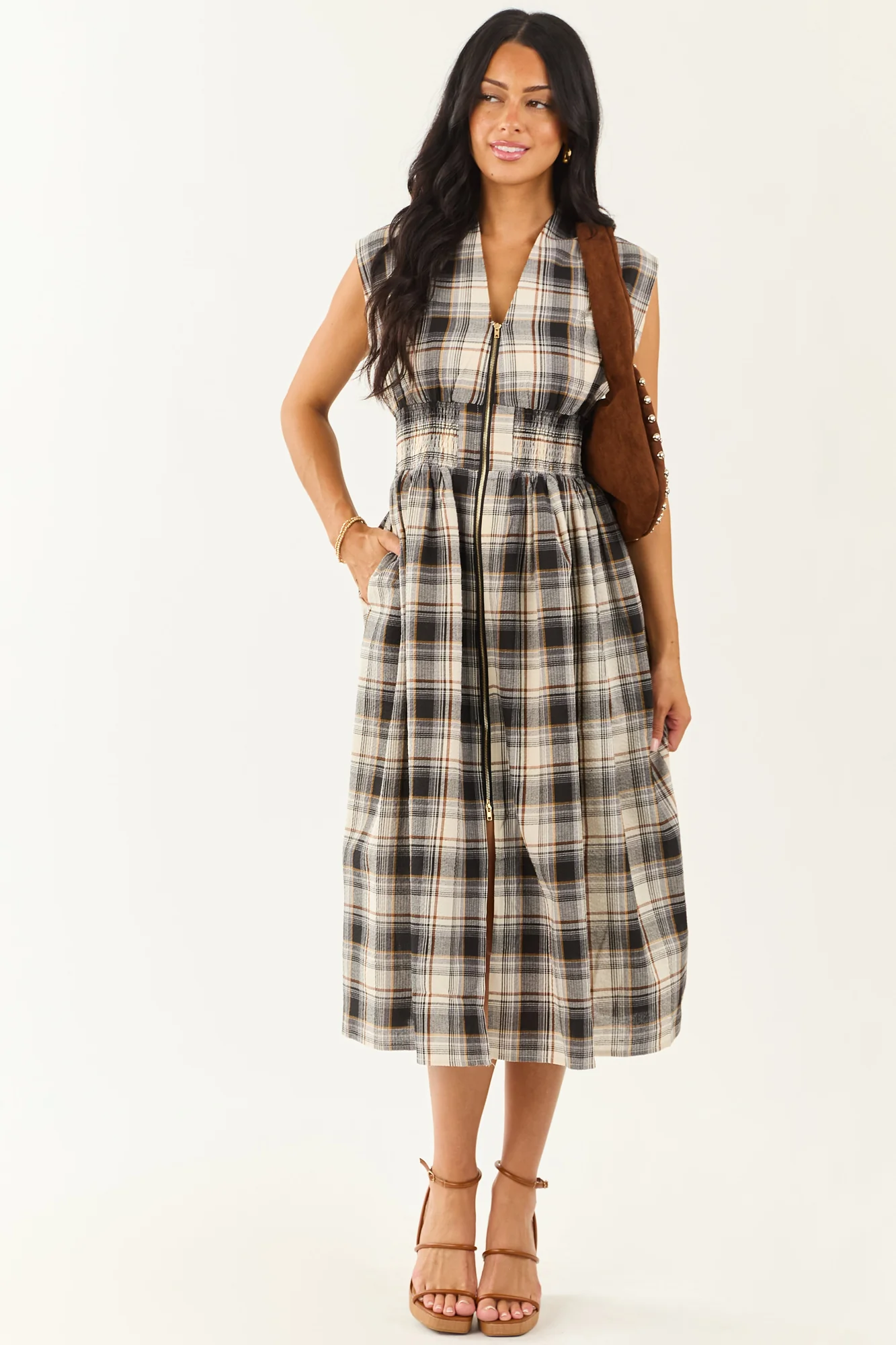 Neutral Plaid Cotton Zipper Front Midi Dress