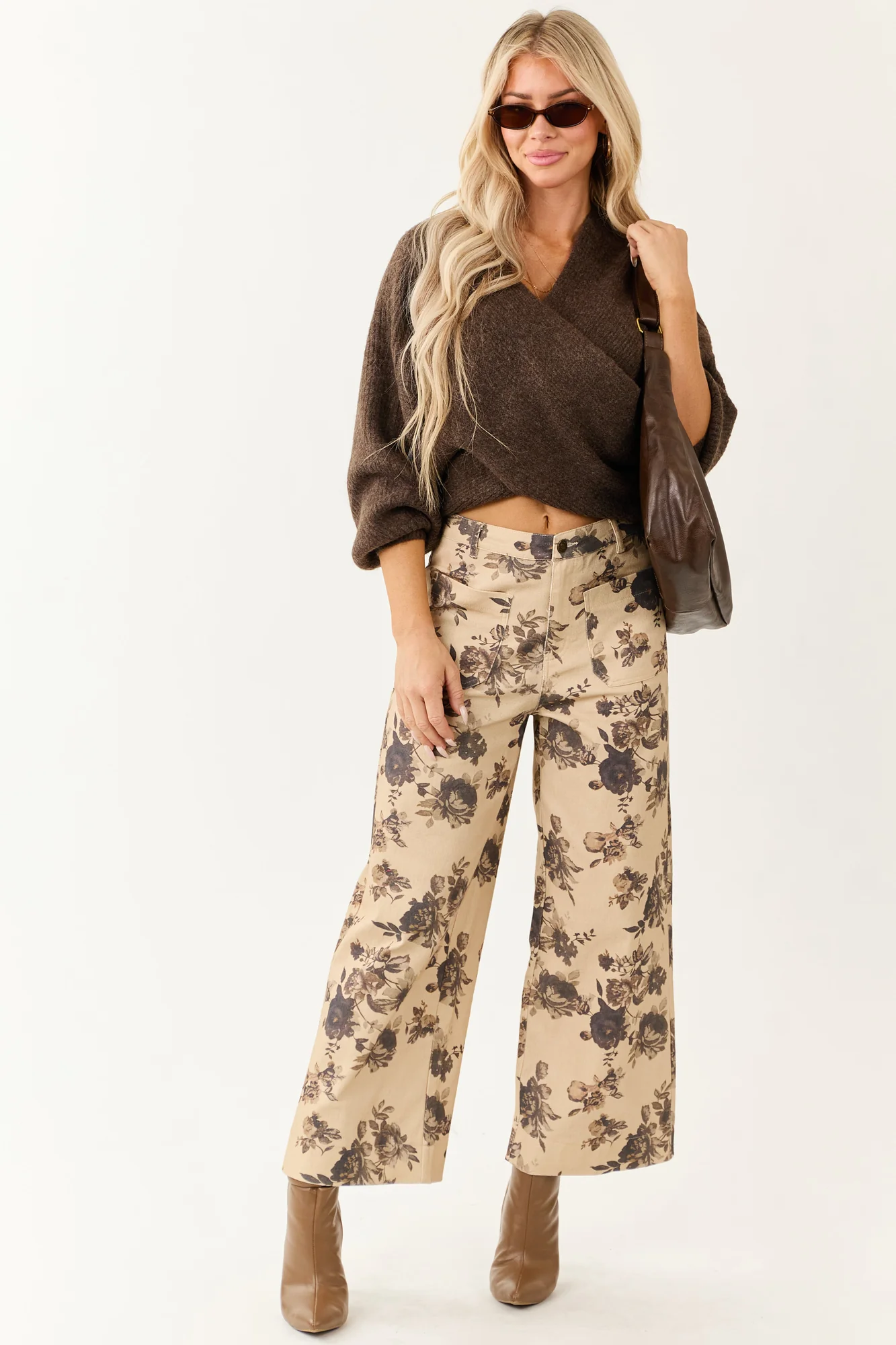 Brown Ribbed Knit V Neck Balloon Sleeve Sweater