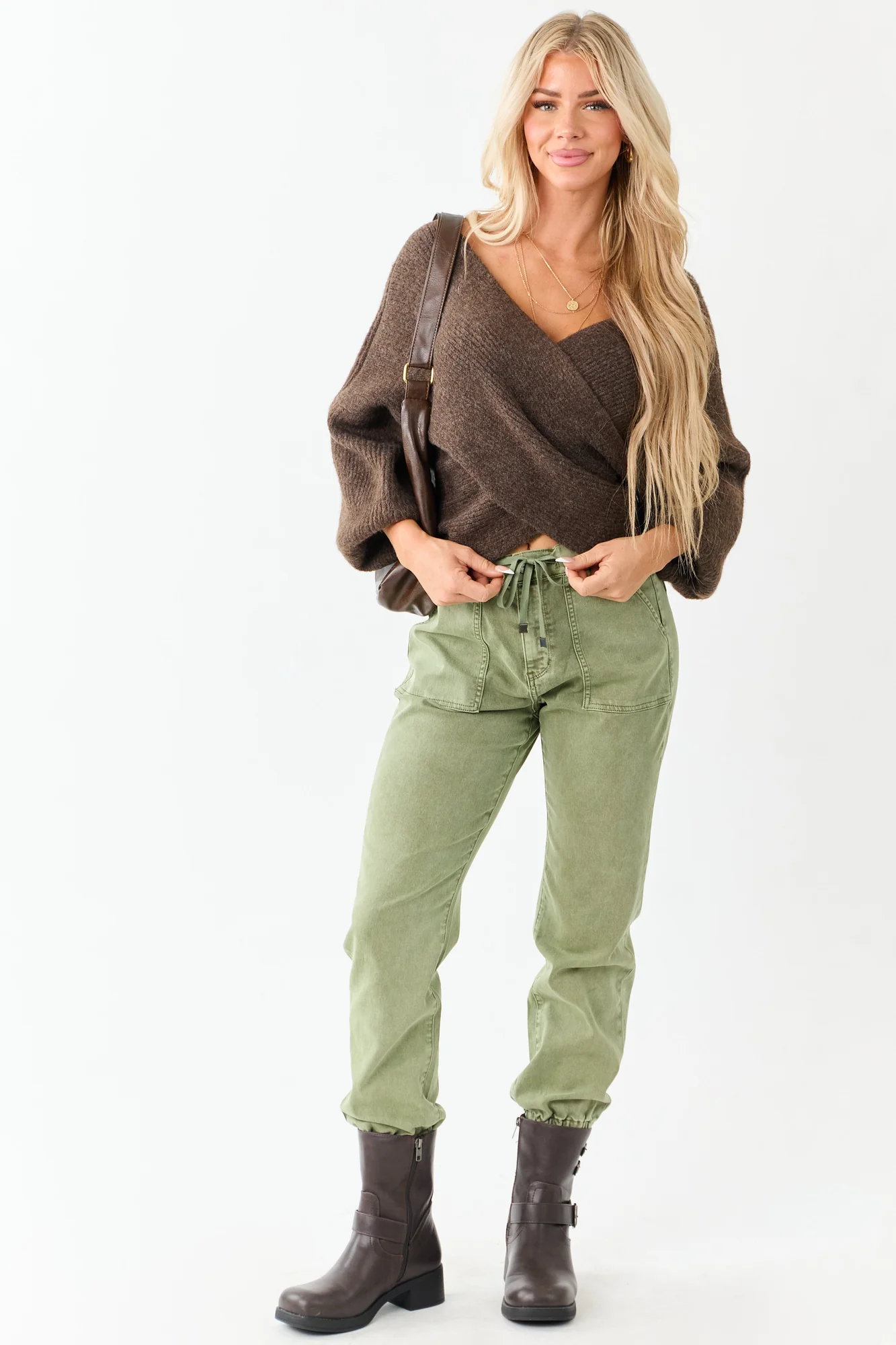 Brown Ribbed Knit V Neck Balloon Sleeve Sweater