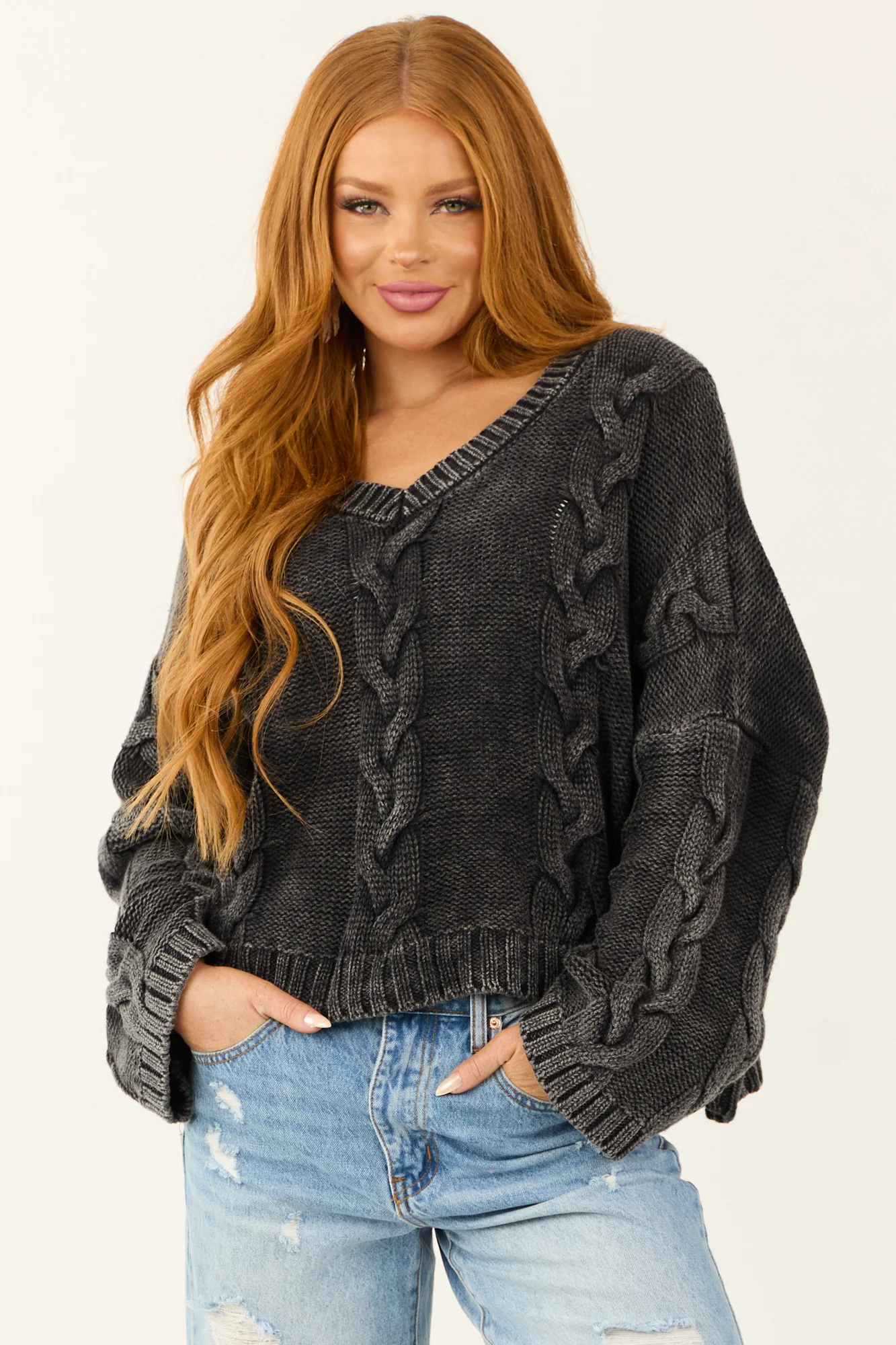 Charcoal Cable Knit V-Neck Sweater Womens Winter Fashion