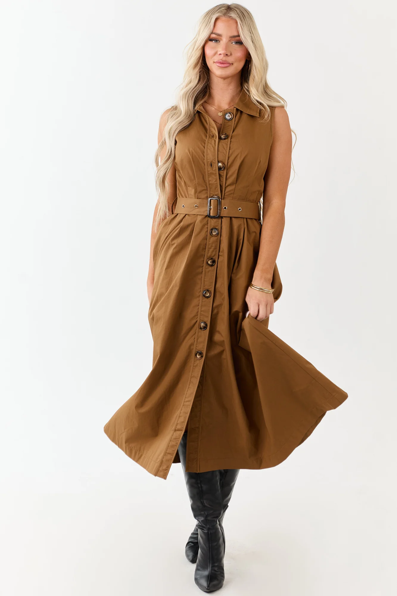 Deep Caramel Belted Cotton Shirt Dress