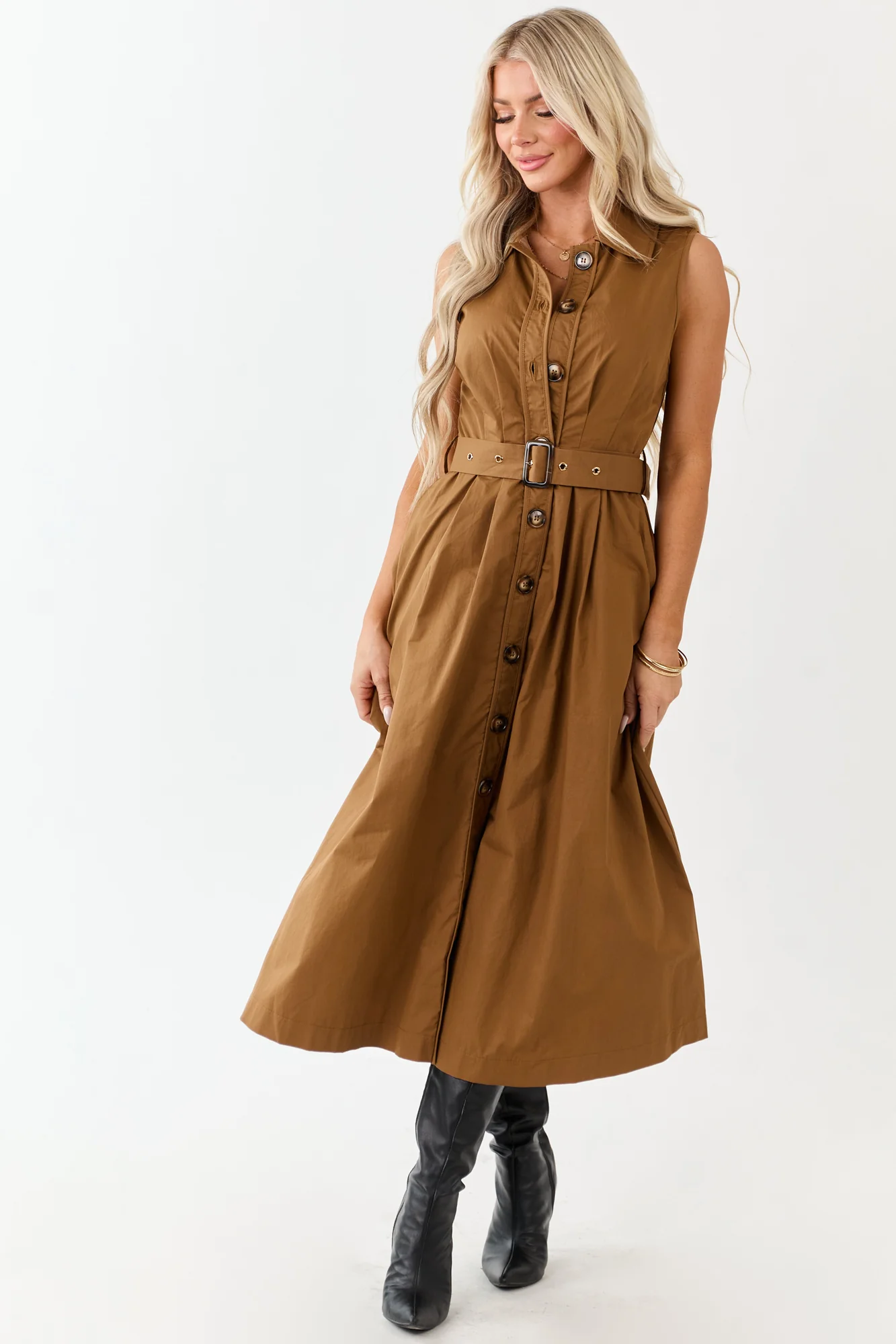 Deep Caramel Belted Cotton Shirt Dress