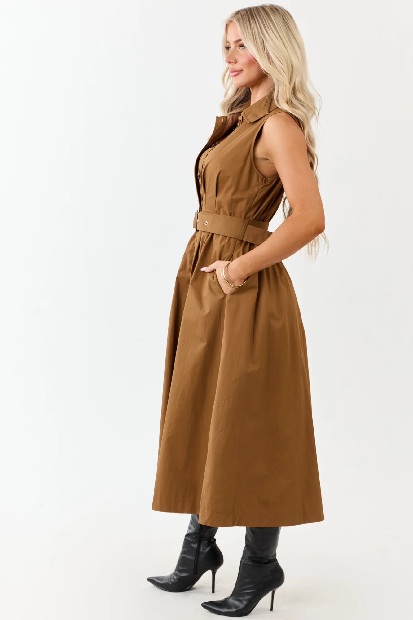 Deep Caramel Belted Cotton Shirt Dress