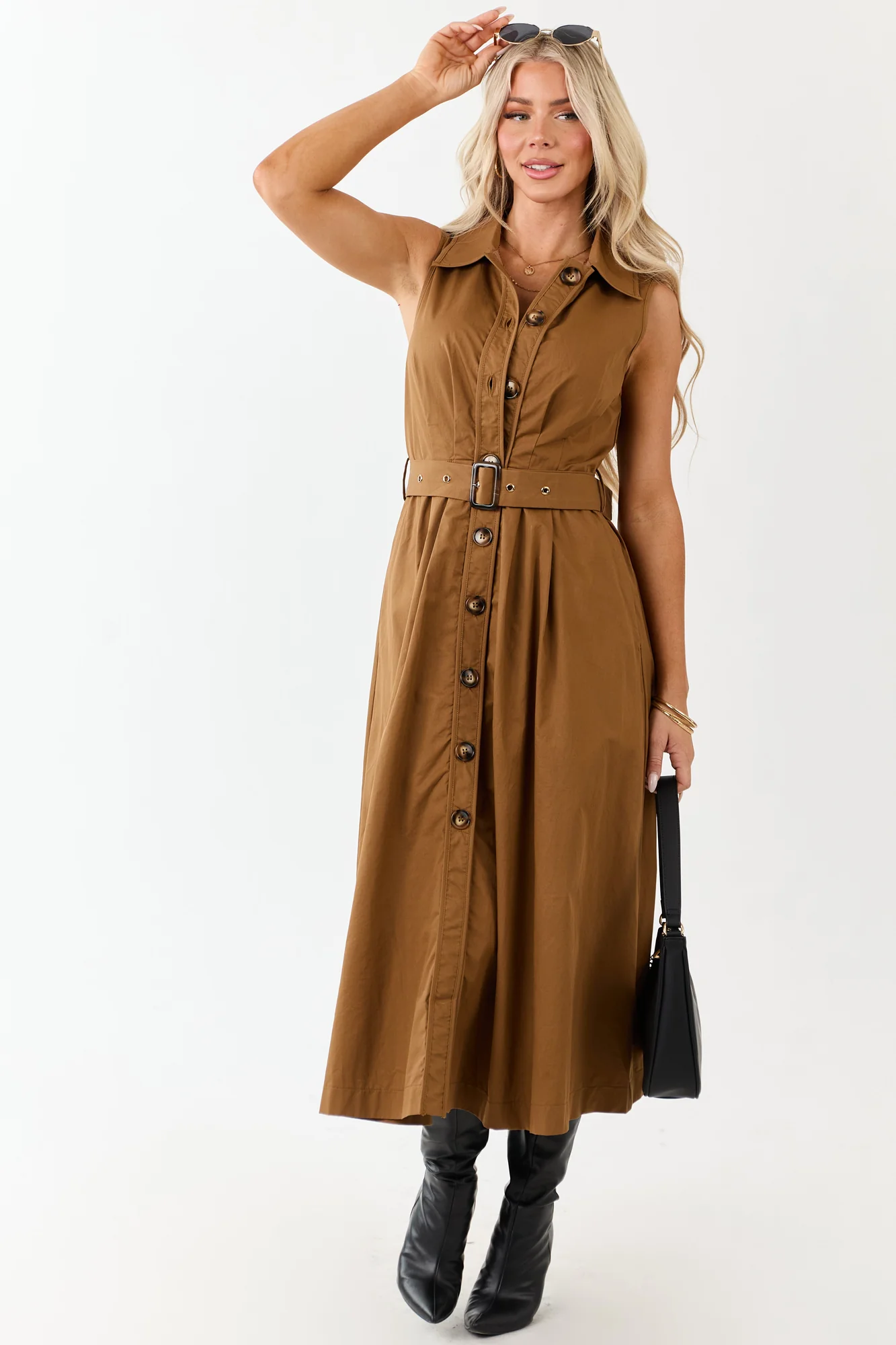 Deep Caramel Belted Cotton Shirt Dress