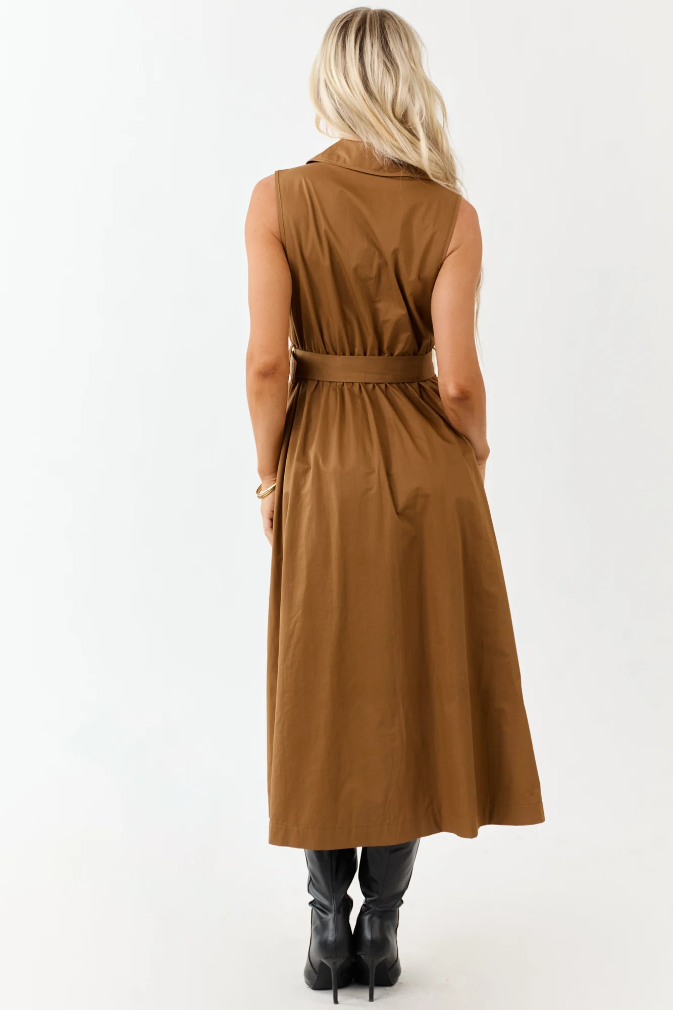 Deep Caramel Belted Cotton Shirt Dress