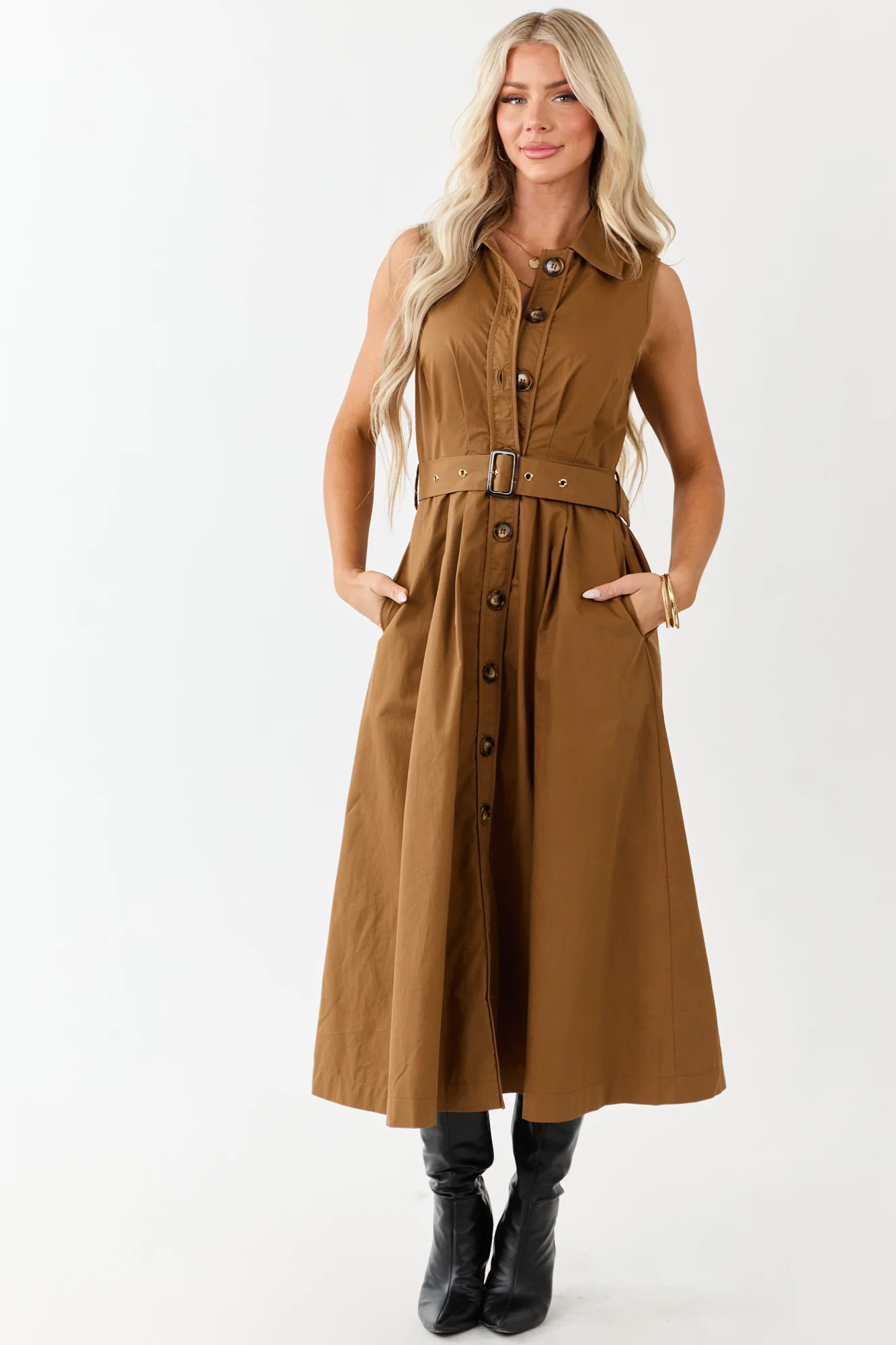 Deep Caramel Belted Cotton Shirt Dress