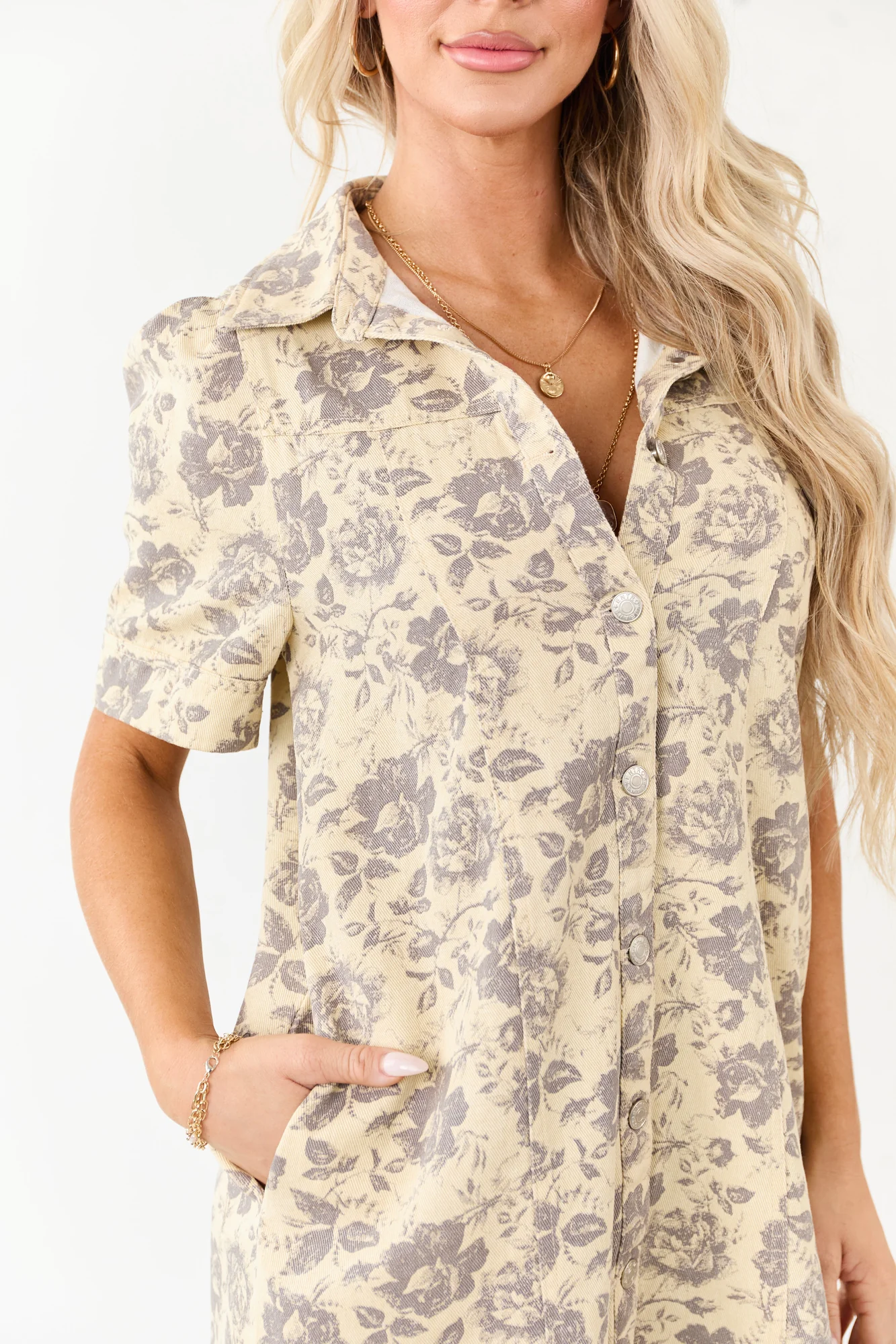 Vintage Floral Denim Shift Mini Dress in Cream