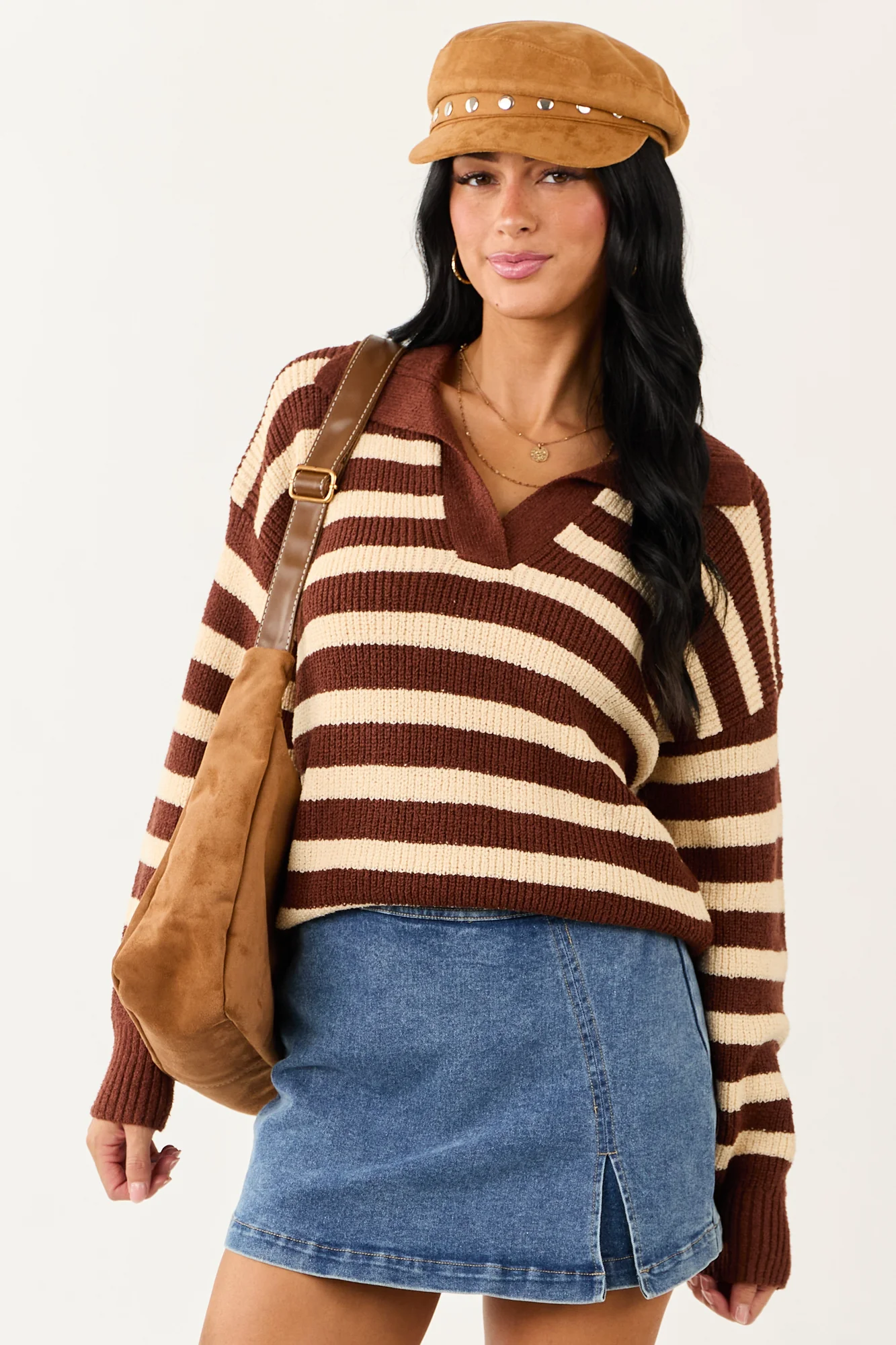 Cozy Striped Collar Sweater in Cream and Cocoa