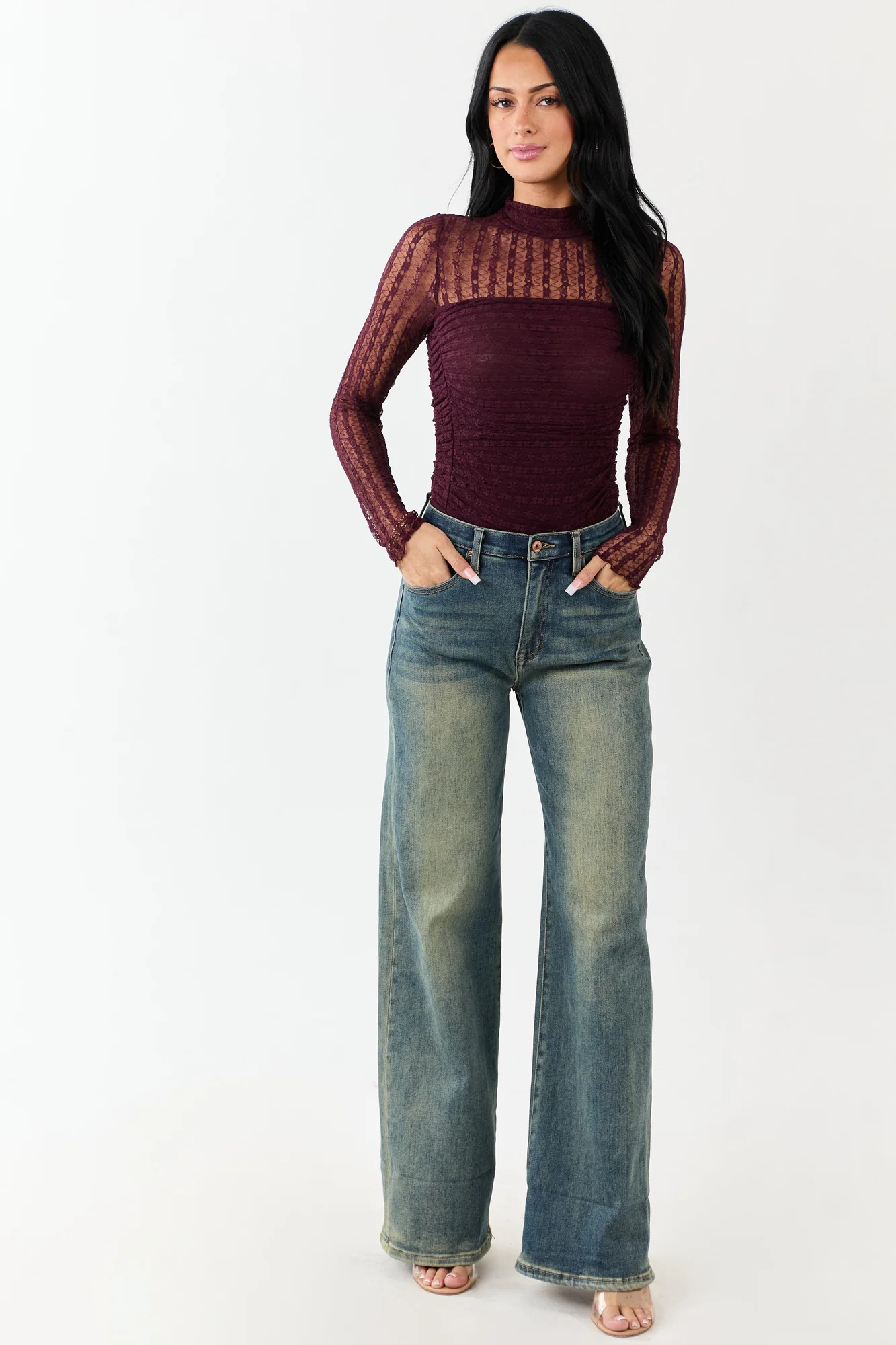 Elegant Eggplant Lace Sleeve Bodysuit