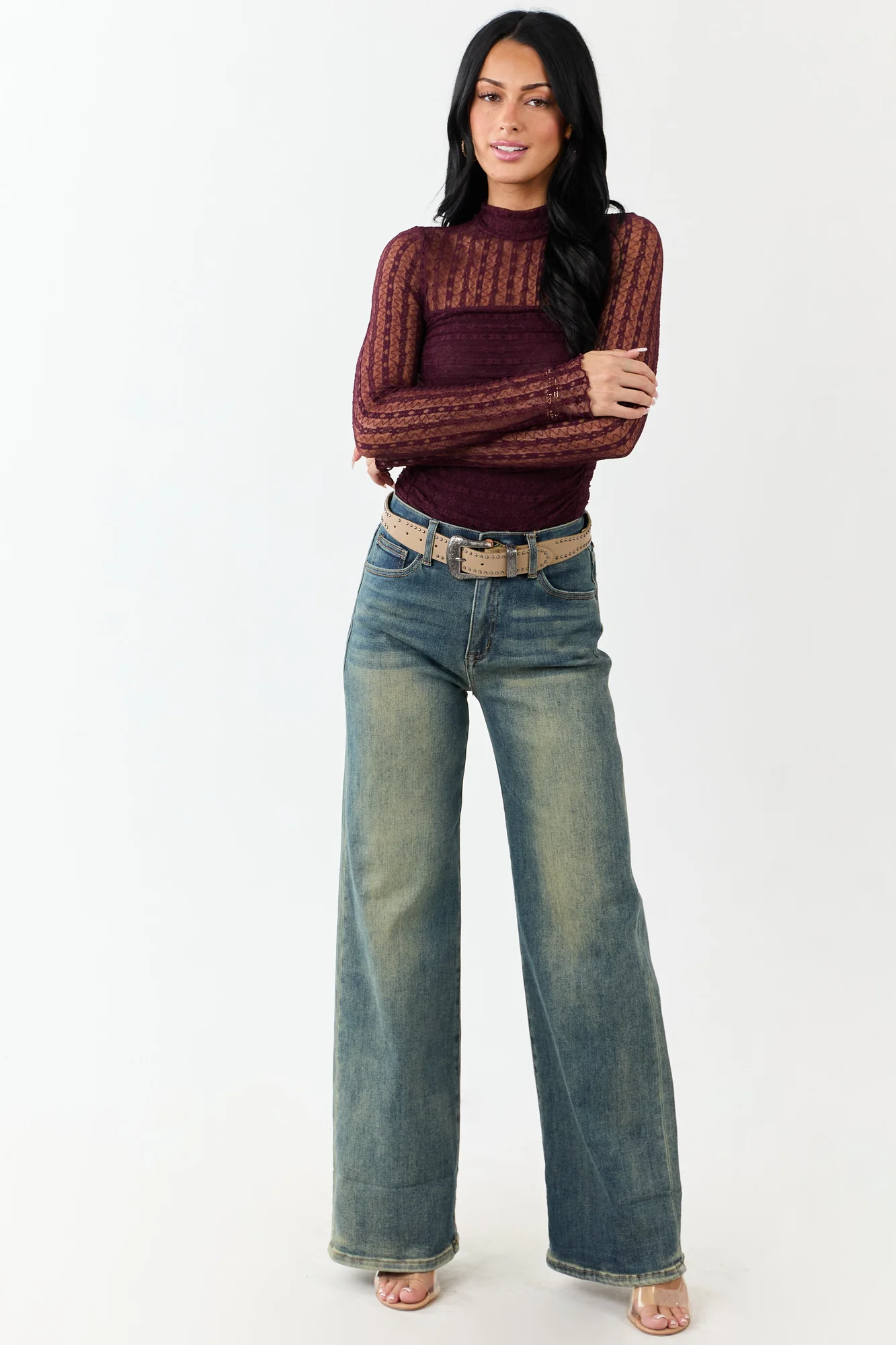 Elegant Eggplant Lace Sleeve Bodysuit