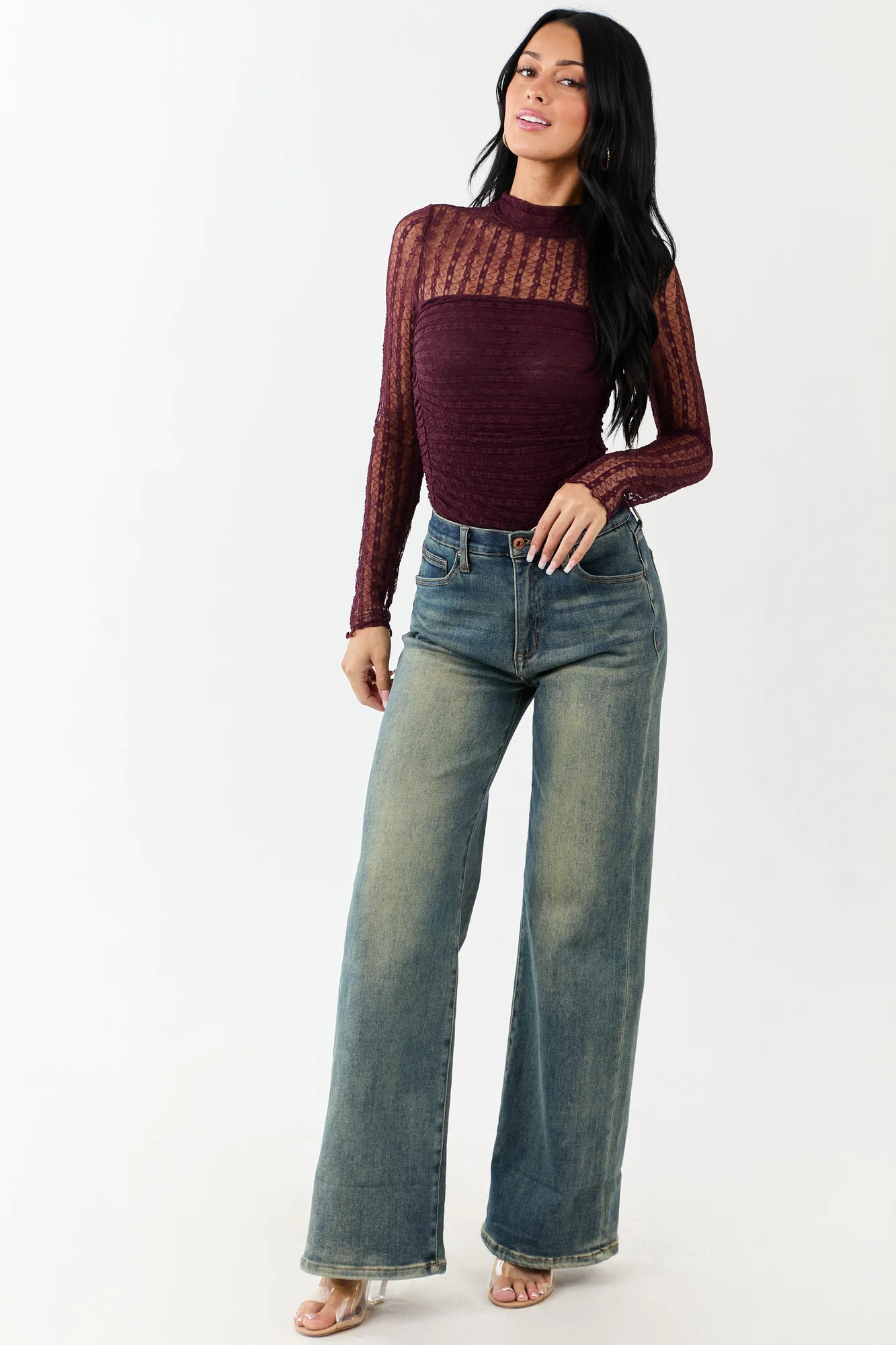 Elegant Eggplant Lace Sleeve Bodysuit