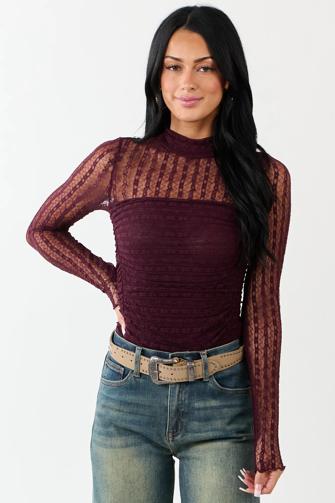 Elegant Eggplant Lace Sleeve Bodysuit