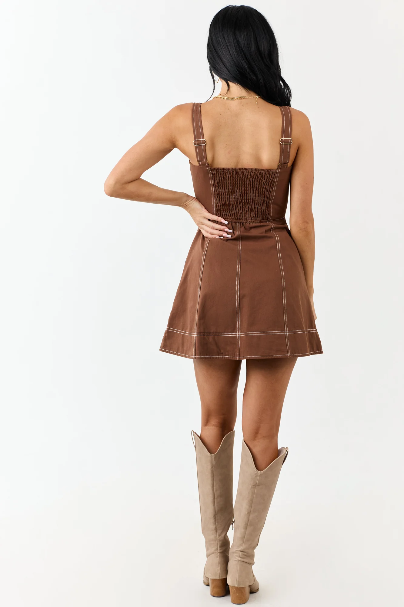 Denim Mini Dress with Pintuck Bust & Front Zip-Up