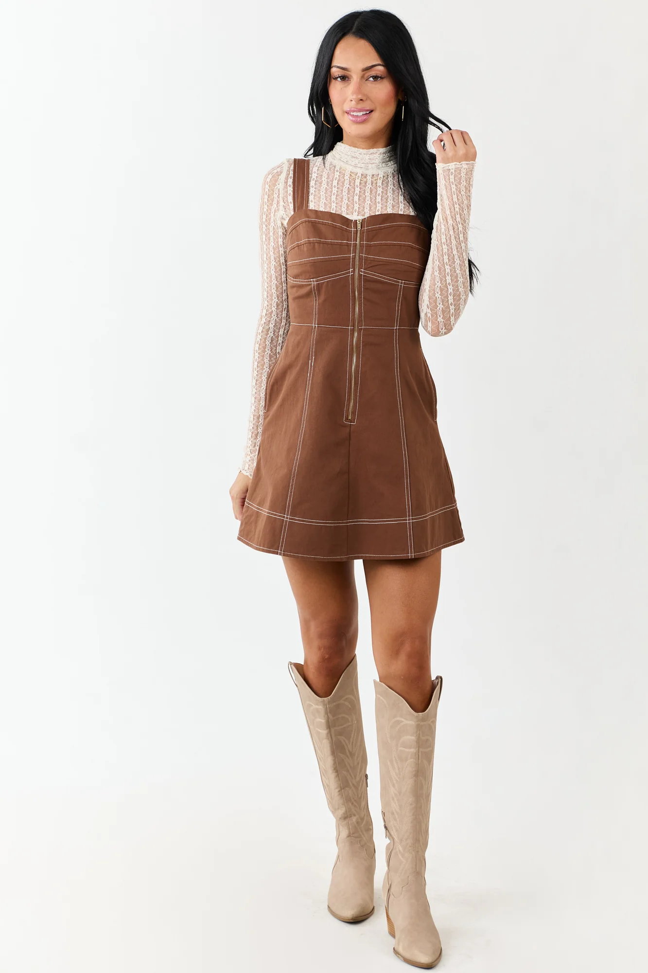 Denim Mini Dress with Pintuck Bust & Front Zip-Up