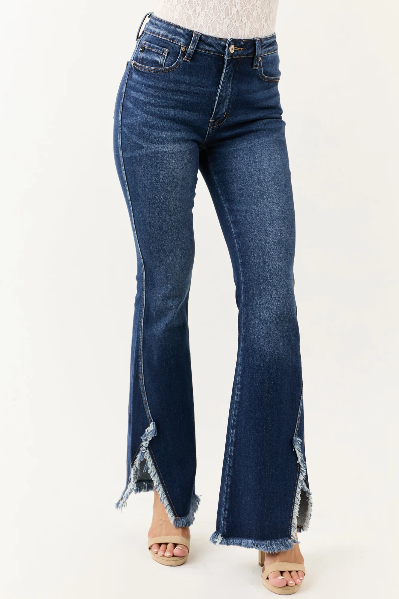 Dark Wash Bootcut Stretchy Jeans with Frayed Hem
