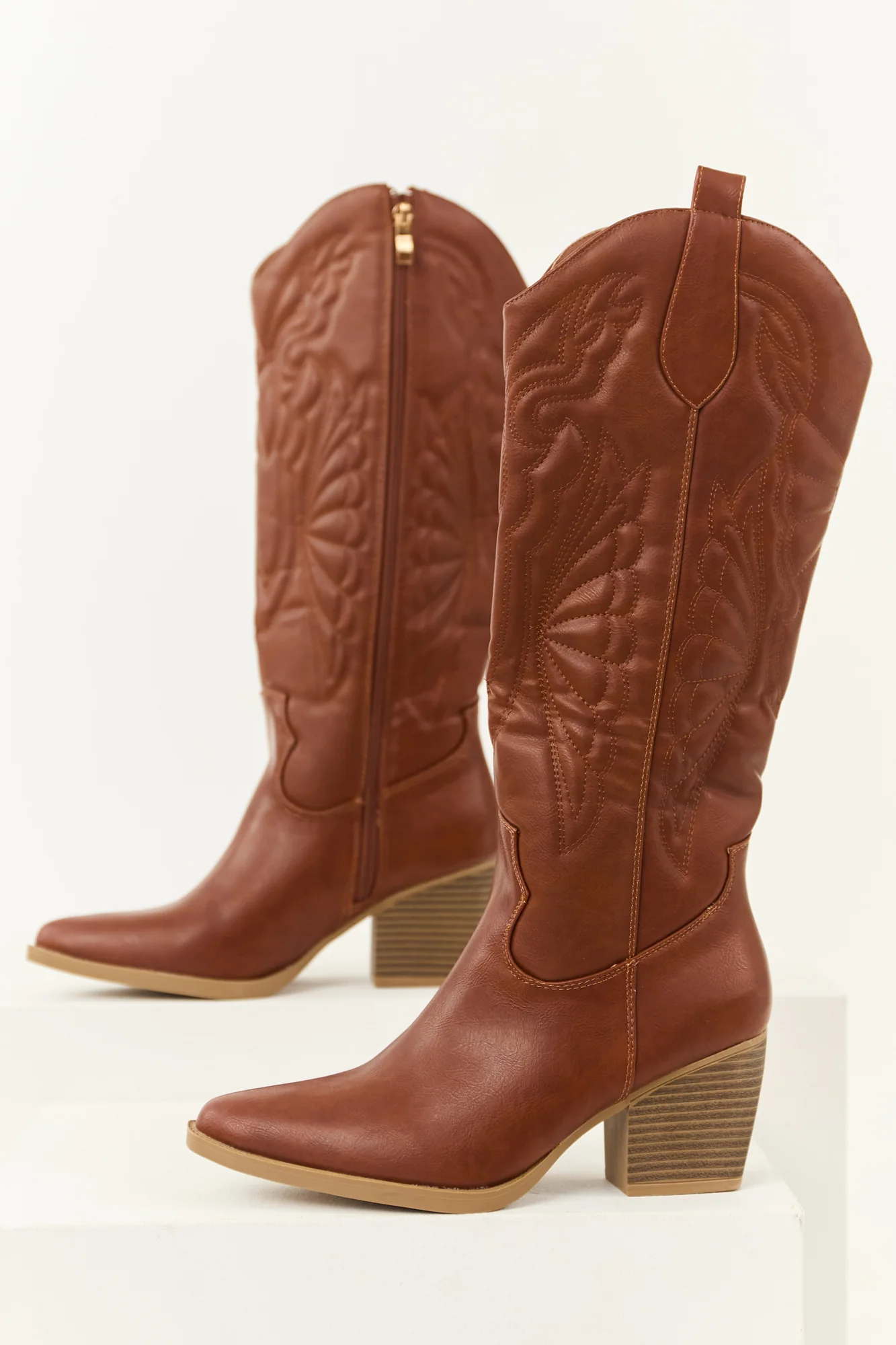 Brown Tall Block Heel Western Style Boots
