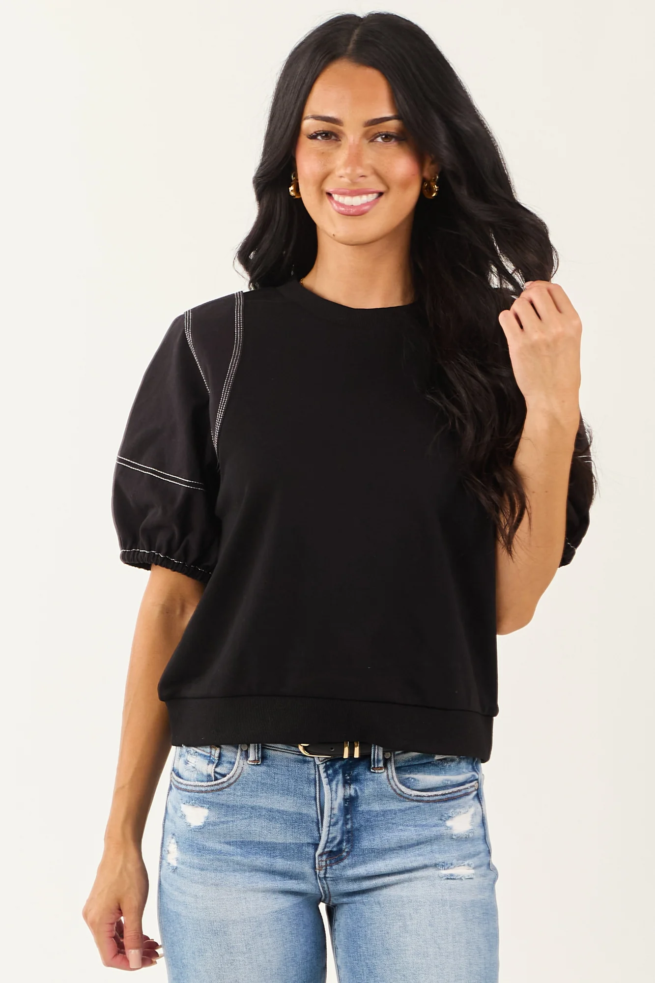 Black Cotton Contrast Seam Half Sleeve Top