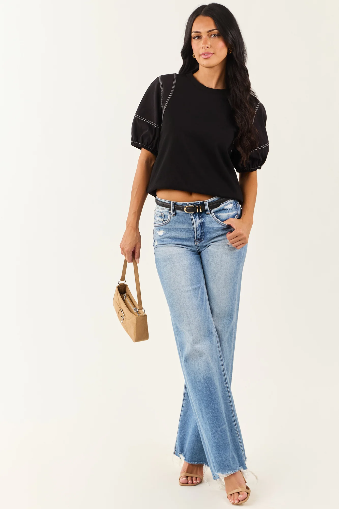 Black Cotton Contrast Seam Half Sleeve Top