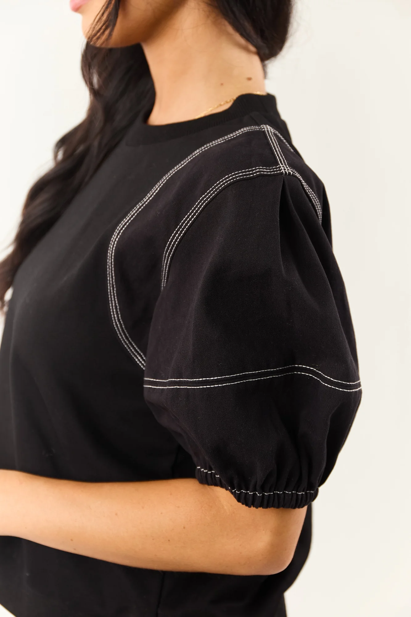 Black Cotton Contrast Seam Half Sleeve Top