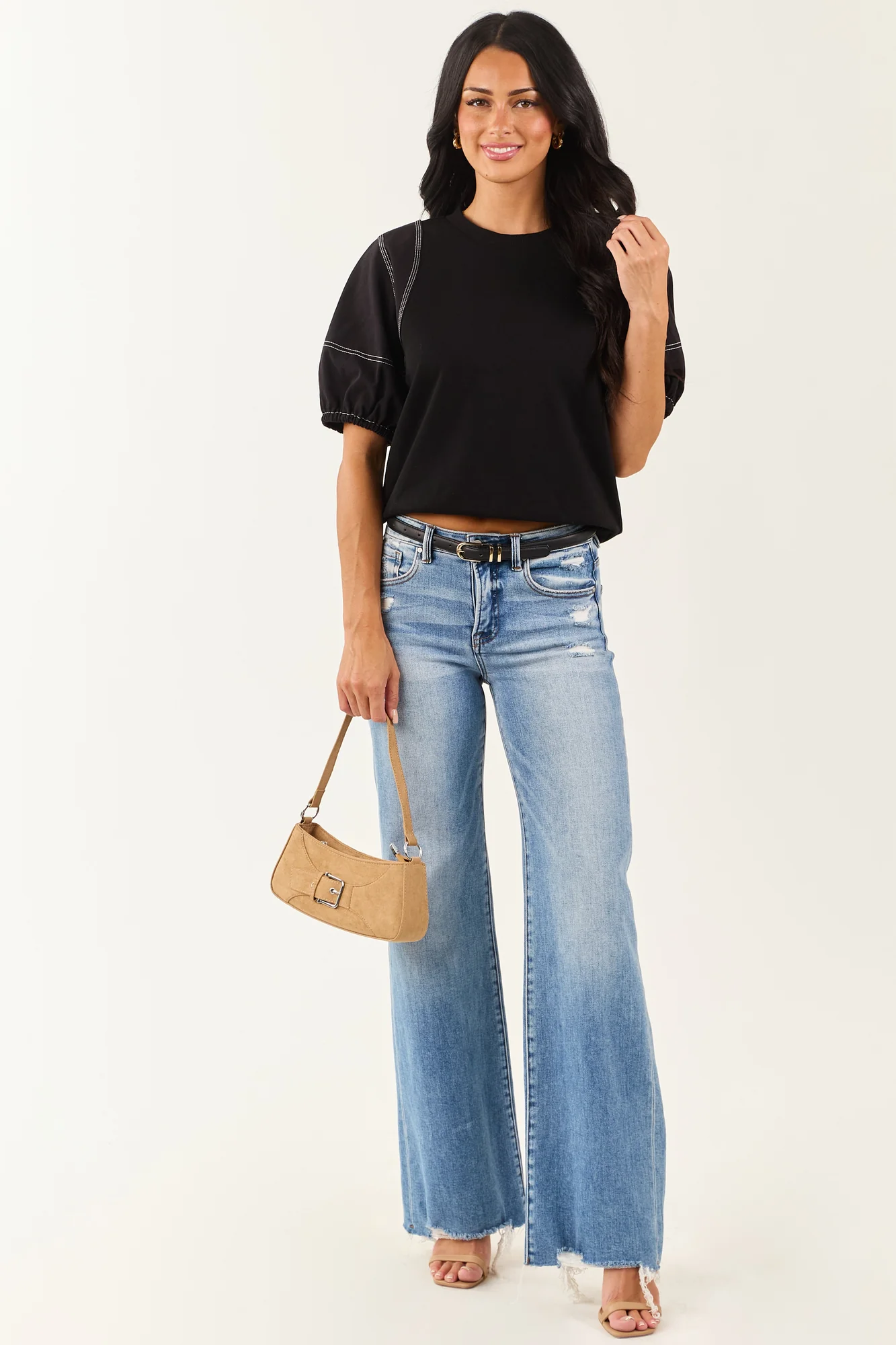 Black Cotton Contrast Seam Half Sleeve Top