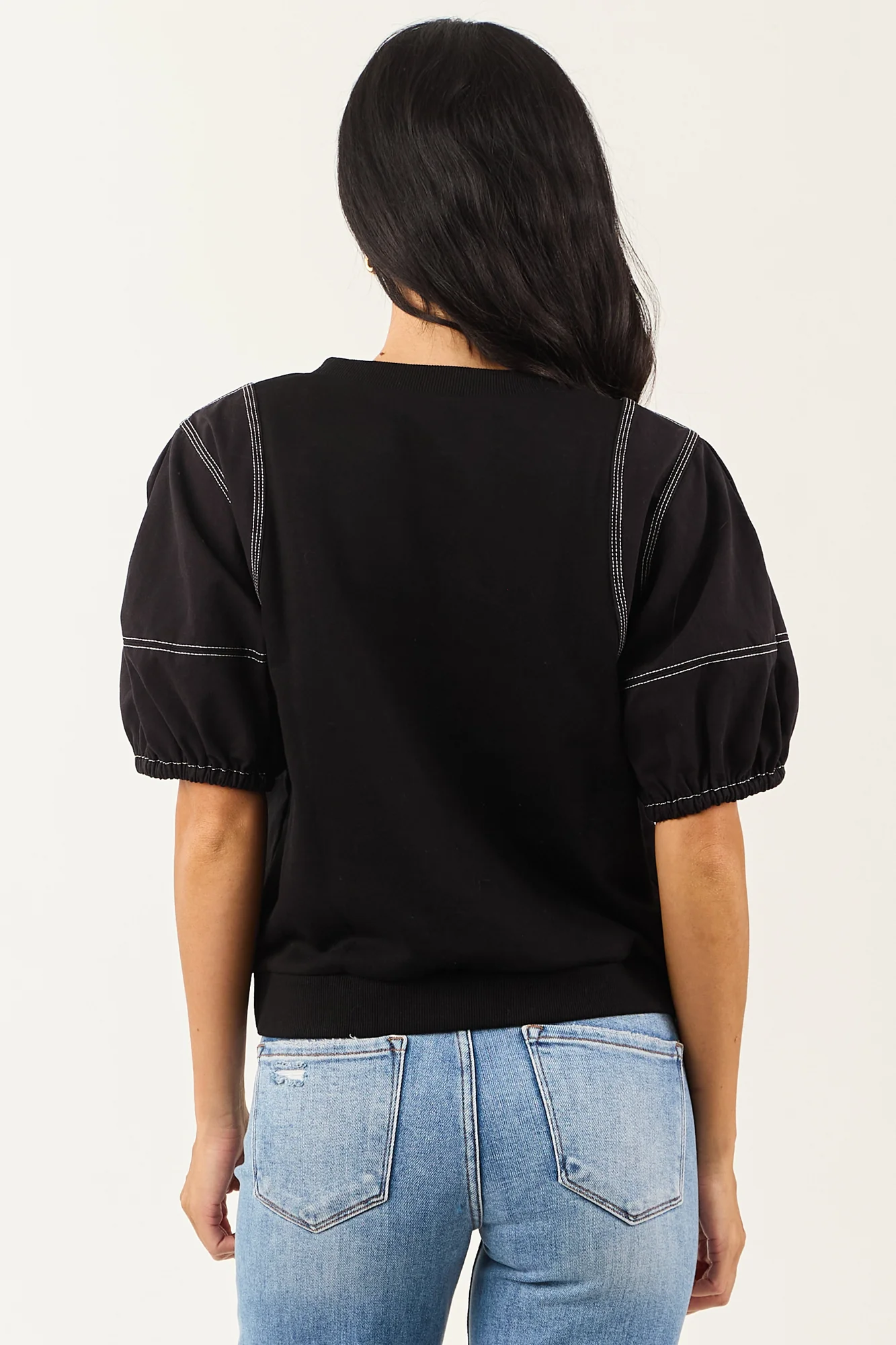 Black Cotton Contrast Seam Half Sleeve Top